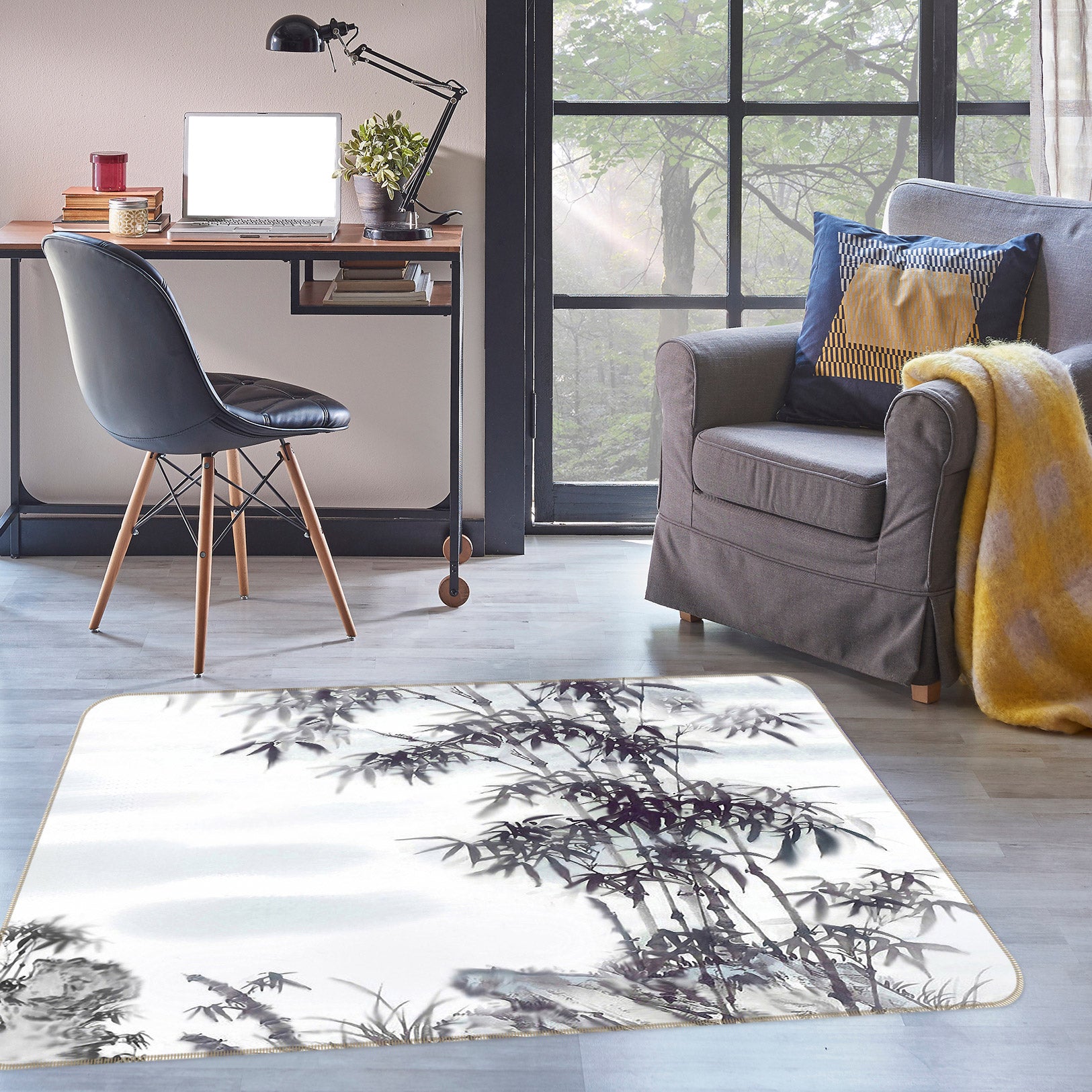 3D Black White Bamboo 75152 Non Slip Rug Mat