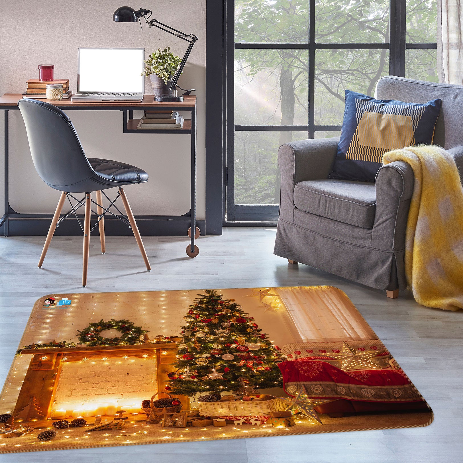 3D Fireplace Tree 55006 Christmas Non Slip Rug Mat Xmas