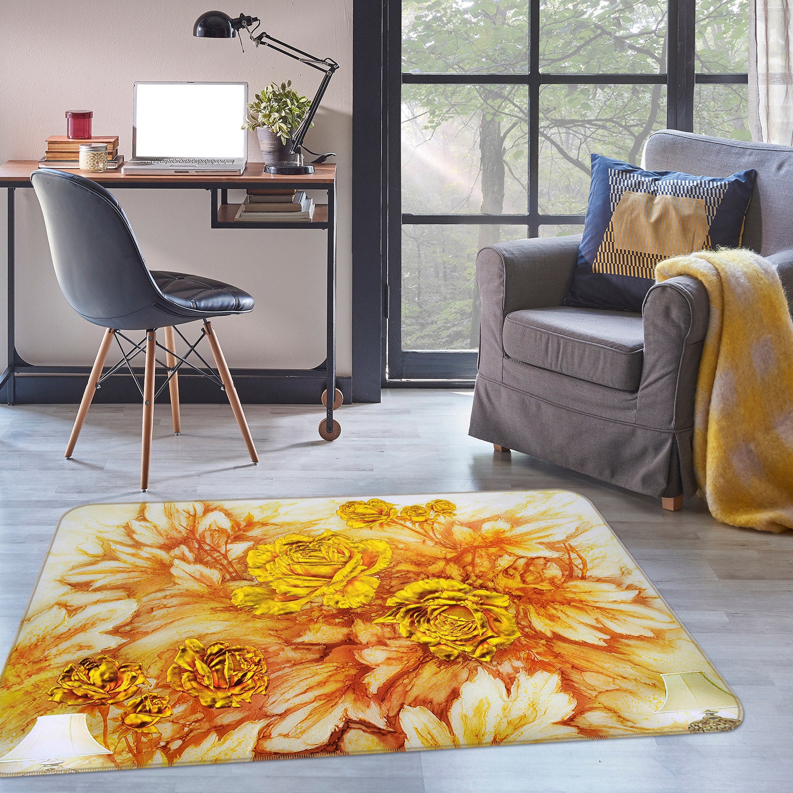 3D Golden Yellow Flowers 32086 Non Slip Rug Mat