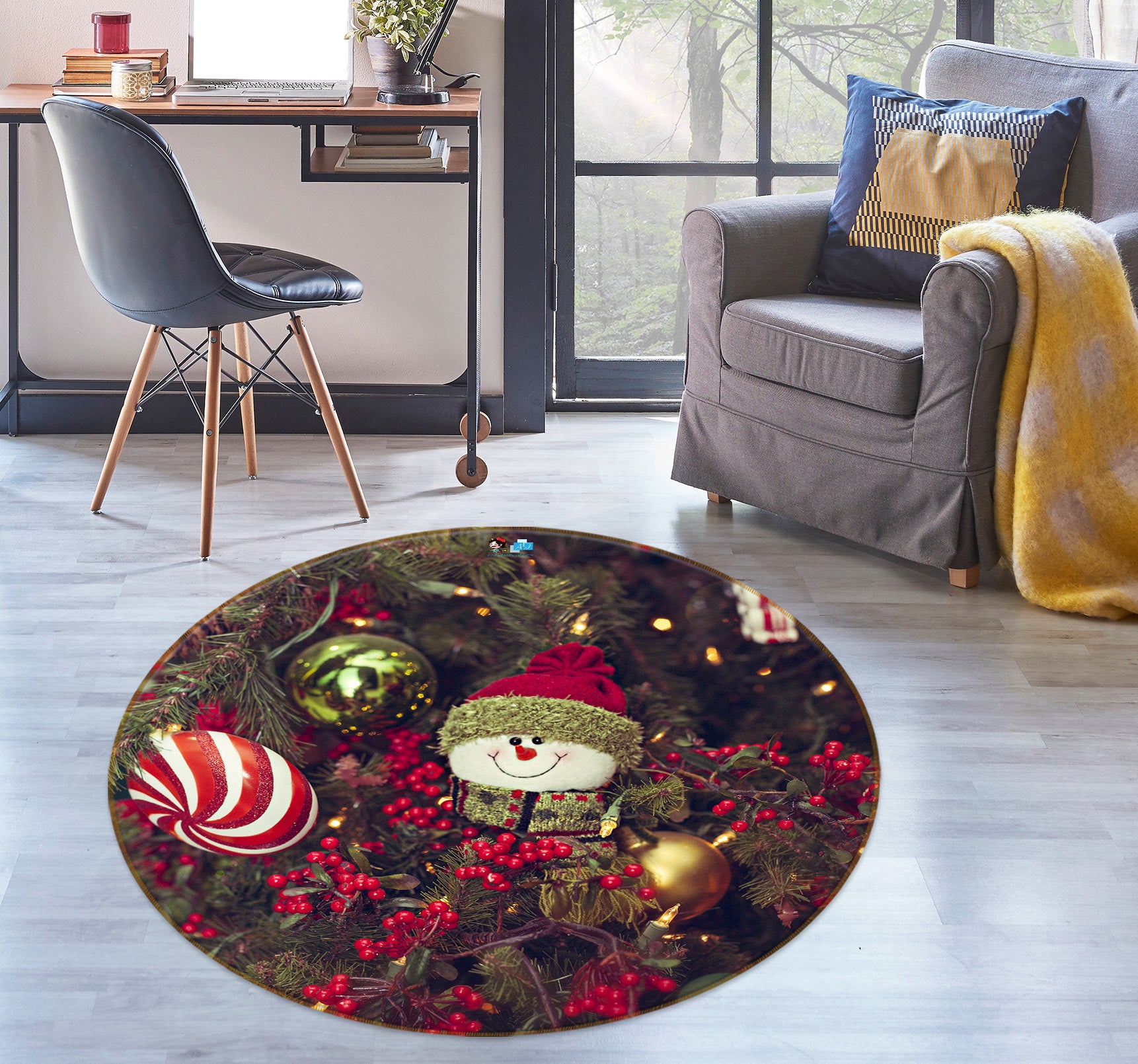 3D Tree Snowman Doll 54023 Christmas Round Non Slip Rug Mat Xmas