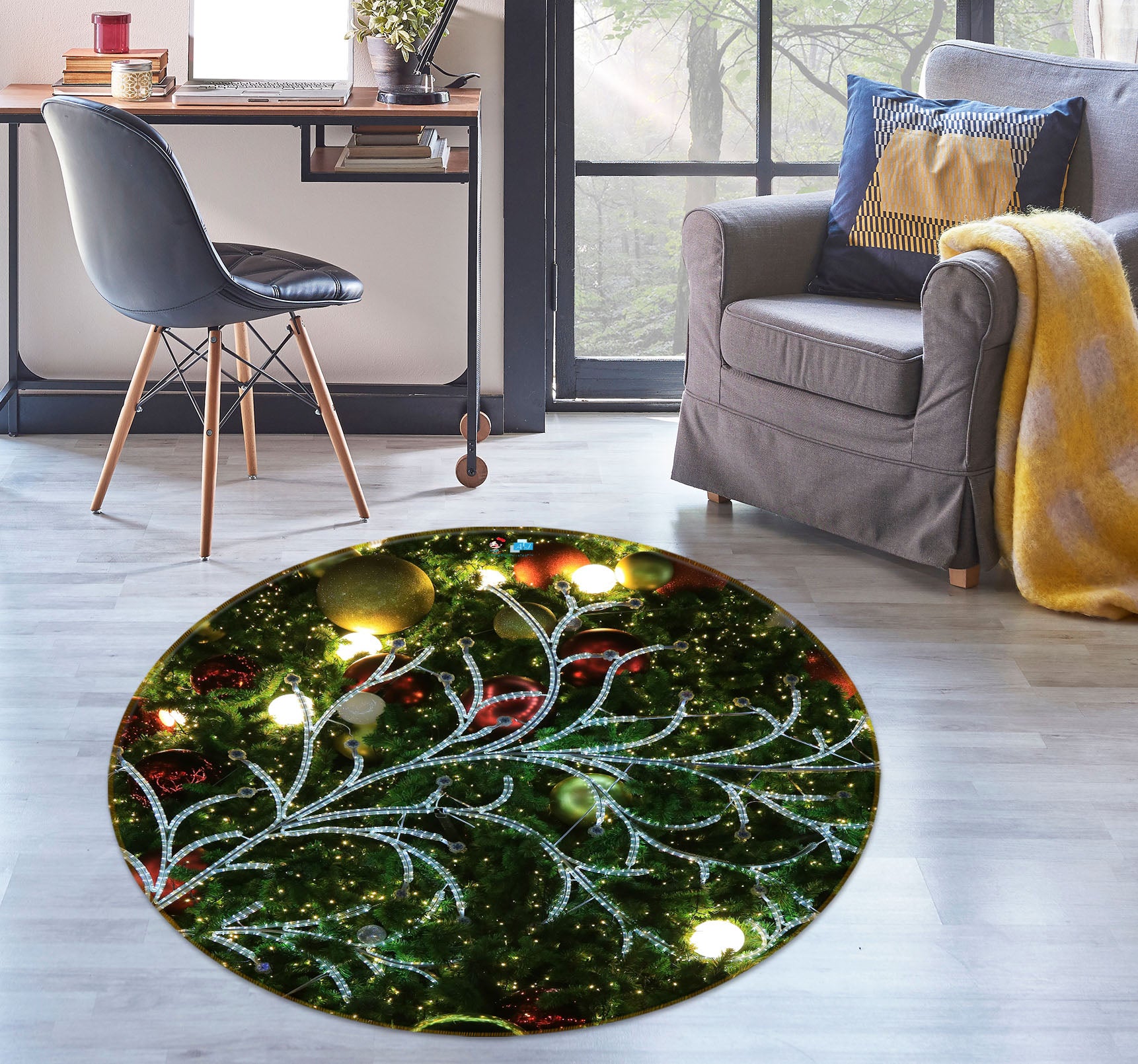 3D Branches Light 54173 Christmas Round Non Slip Rug Mat Xmas