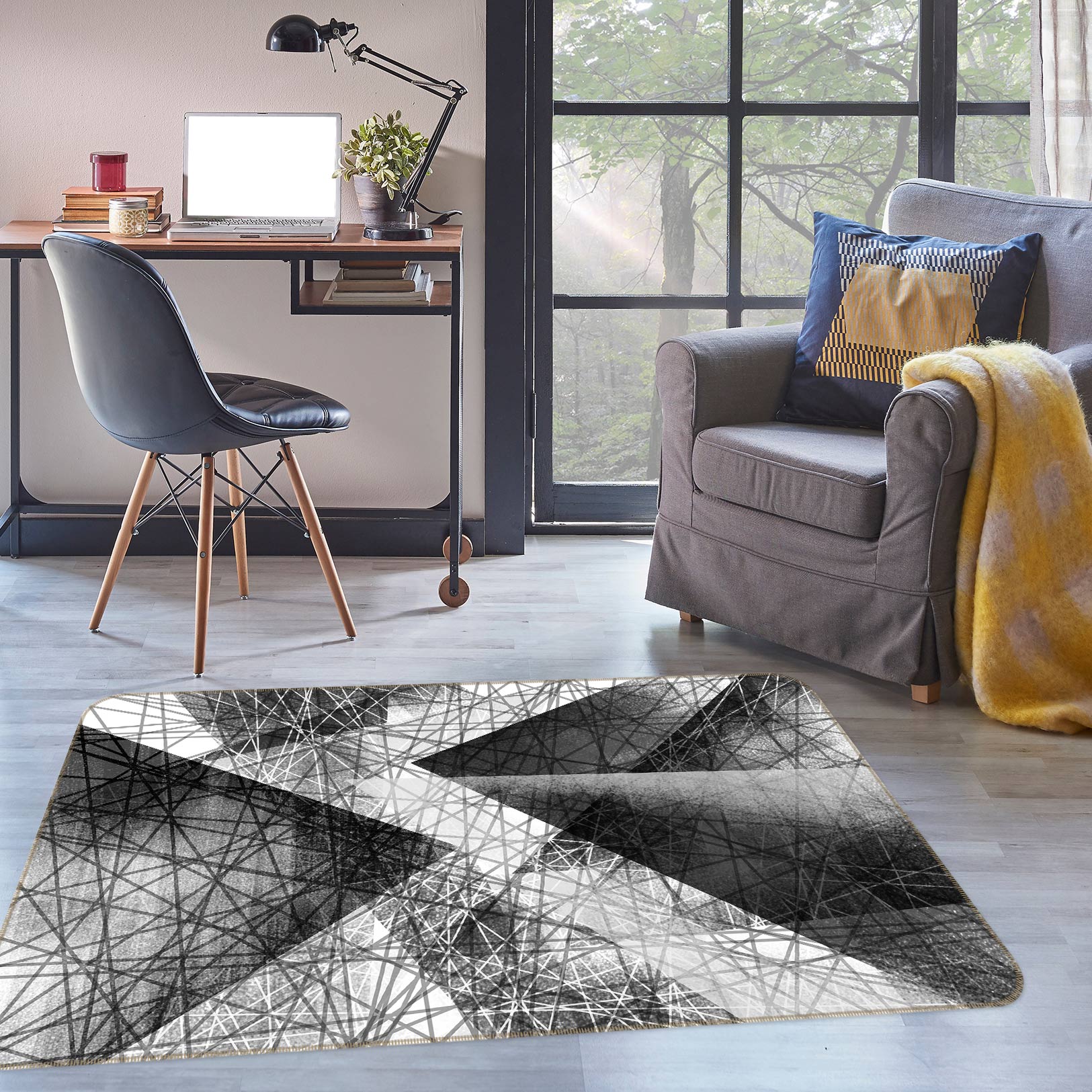 3D Black White Triangle Pattern 77041 Non Slip Rug Mat