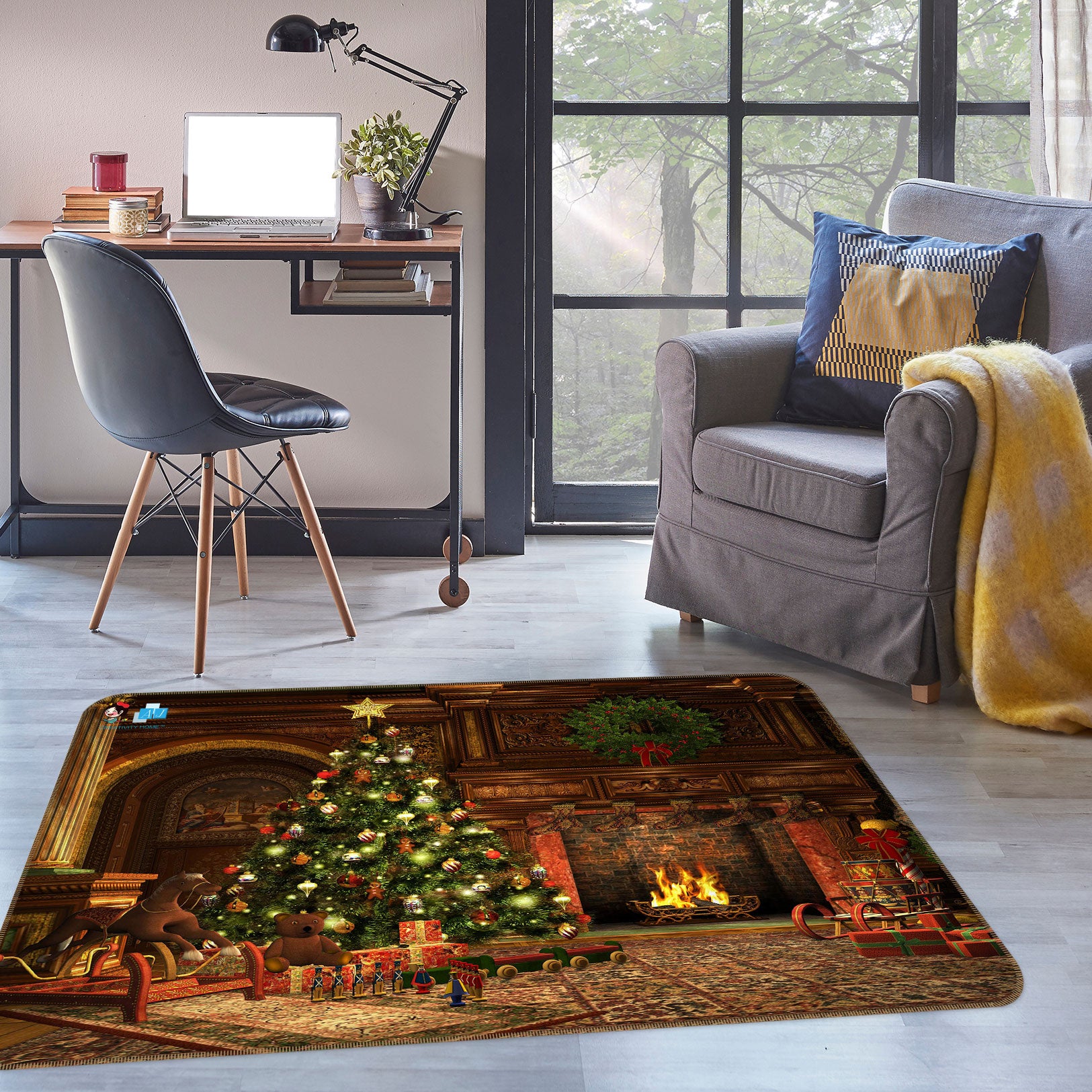 3D Tree Fireplace 54217 Christmas Non Slip Rug Mat Xmas
