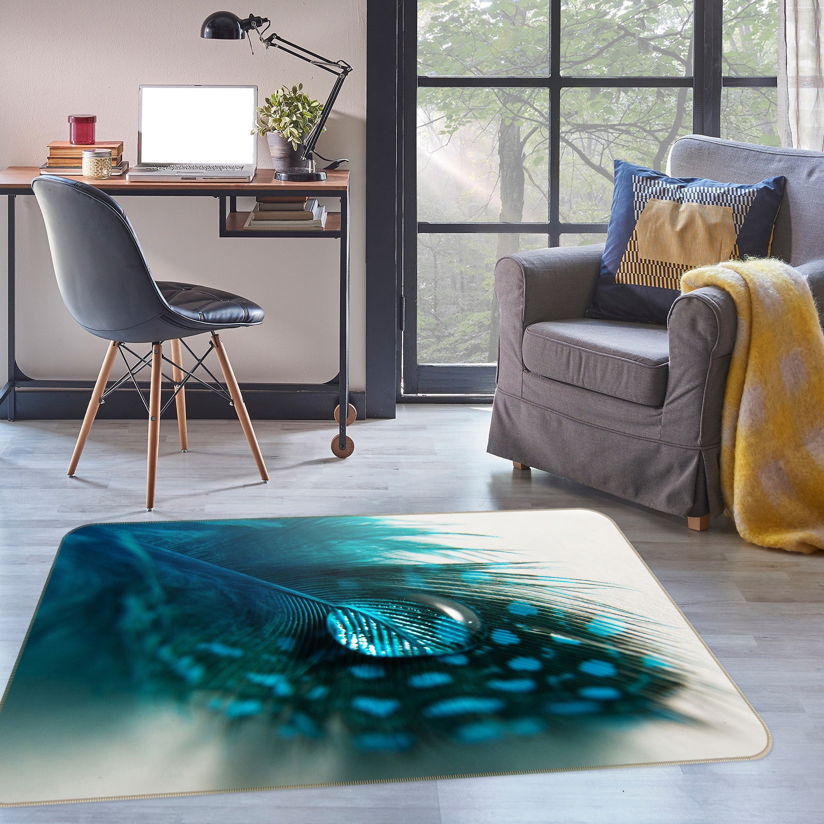 3D Peacock Feather 30007 Non Slip Rug Mat