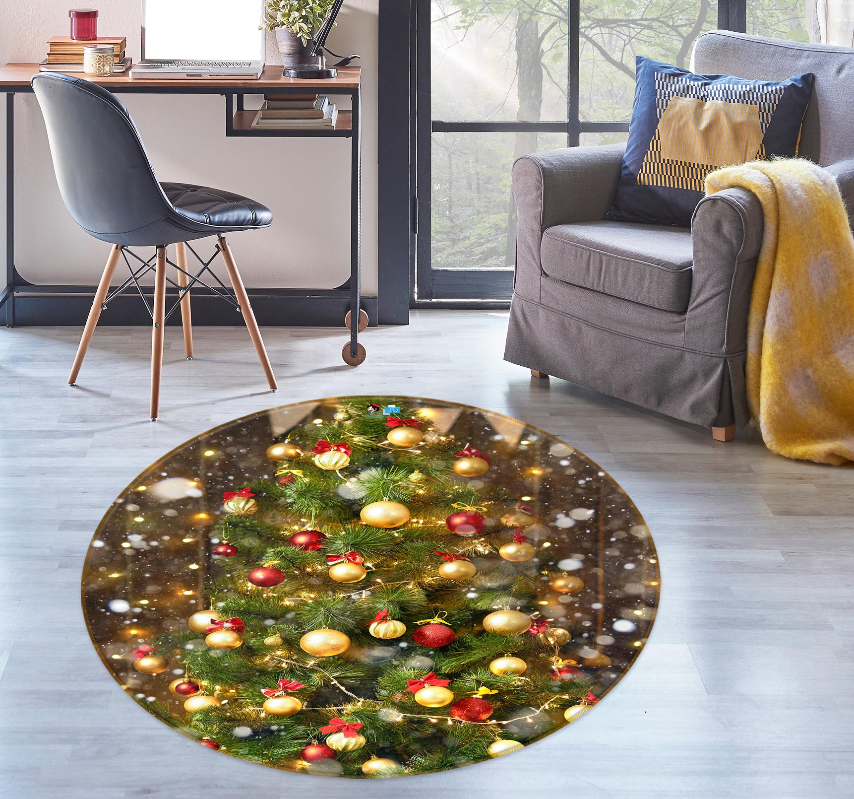 3D Tree Ball 54070 Christmas Round Non Slip Rug Mat Xmas
