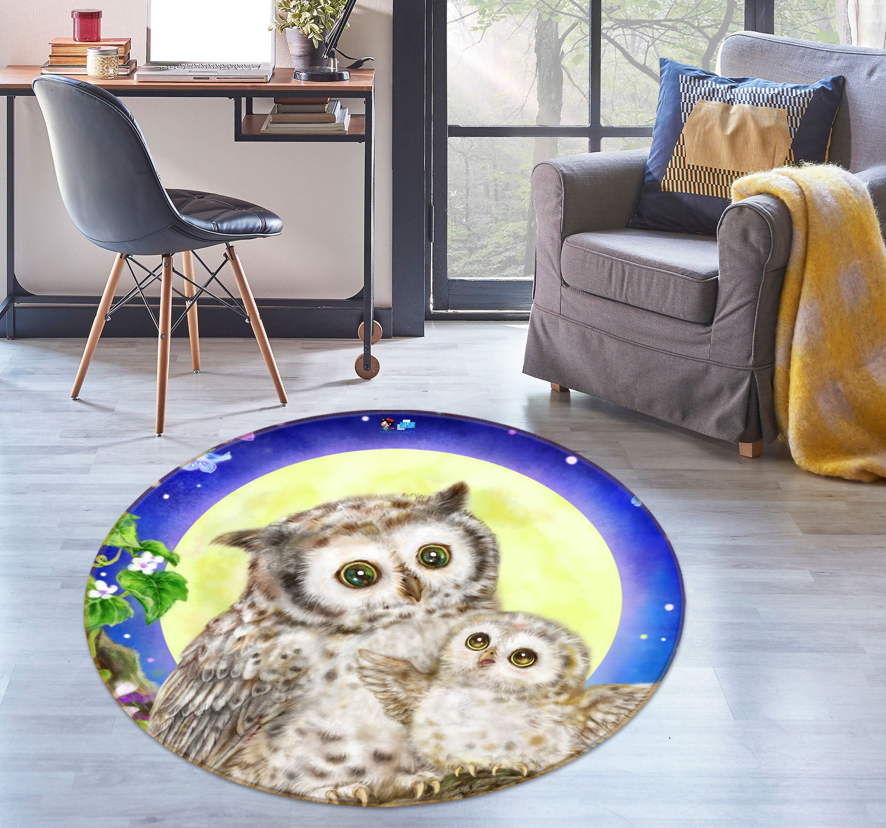 3D Moon Owl Flower 6040 Kayomi Harai Rug Round Non Slip Rug Mat