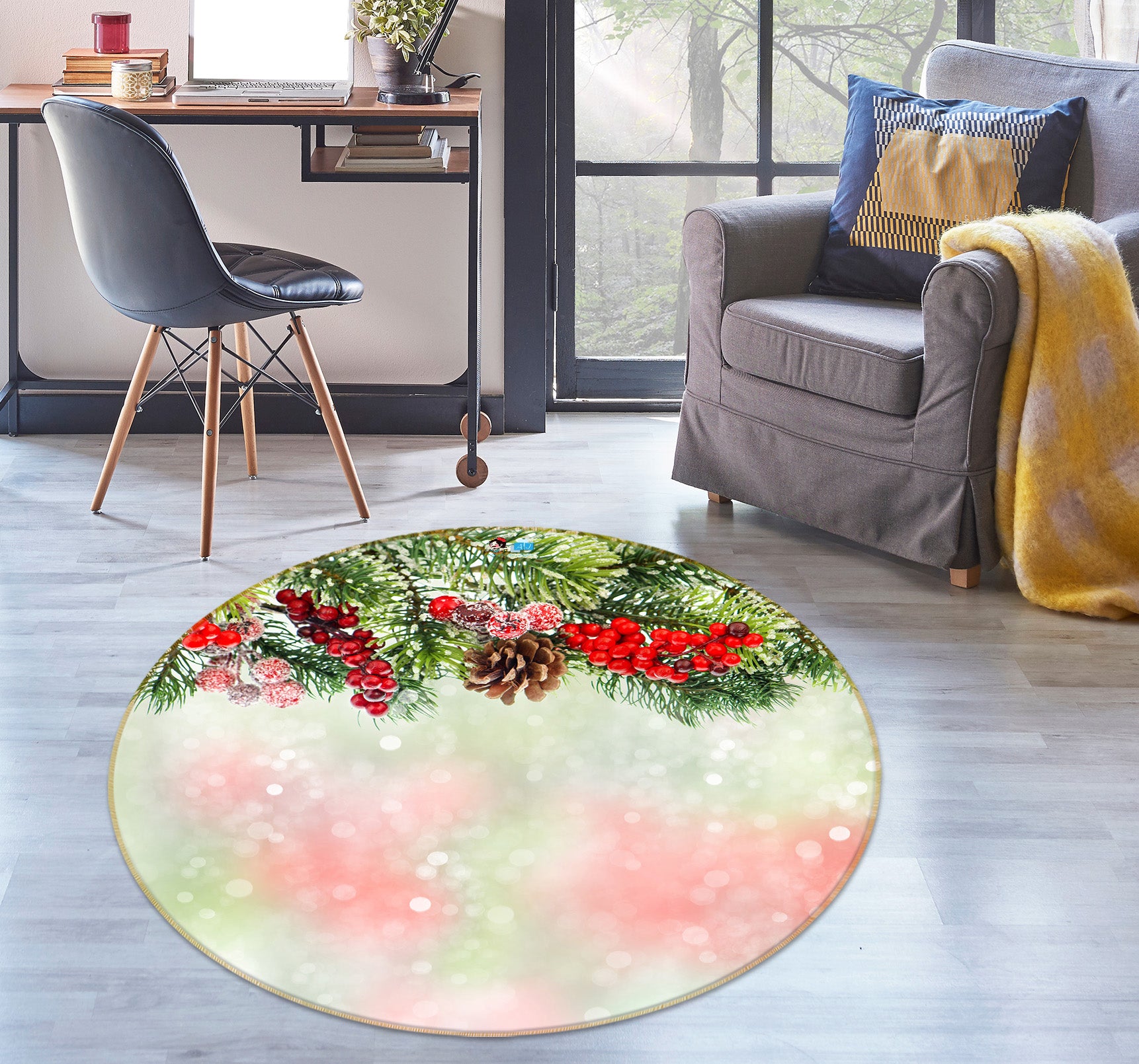 3D Branches 54126 Christmas Round Non Slip Rug Mat Xmas
