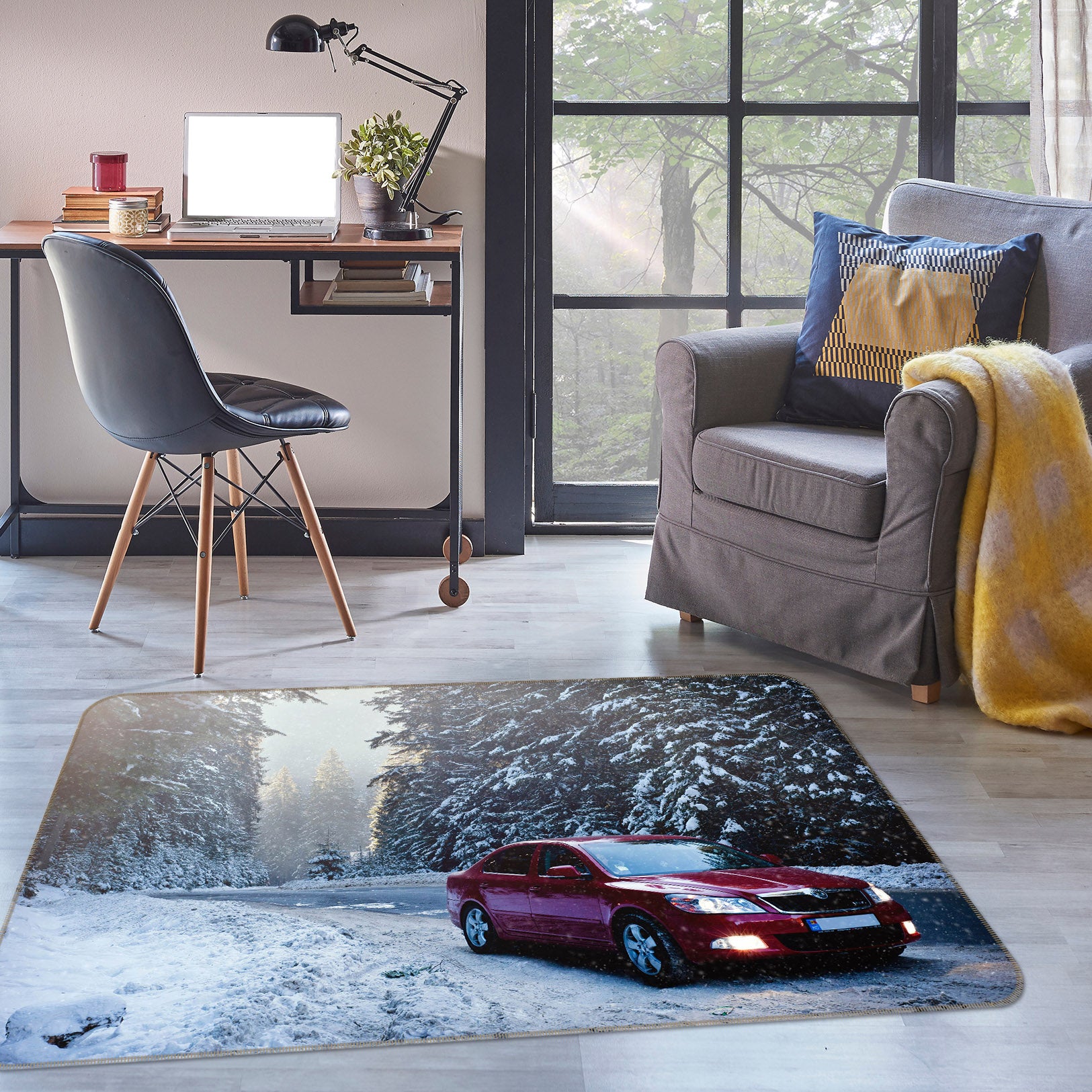 3D Snowfield Red Car 68056 Vehicle Non Slip Rug Mat