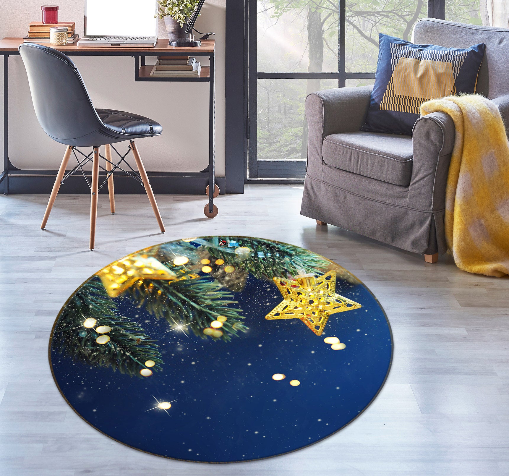3D Five-Pointed Star Pendant 54157 Christmas Round Non Slip Rug Mat Xmas