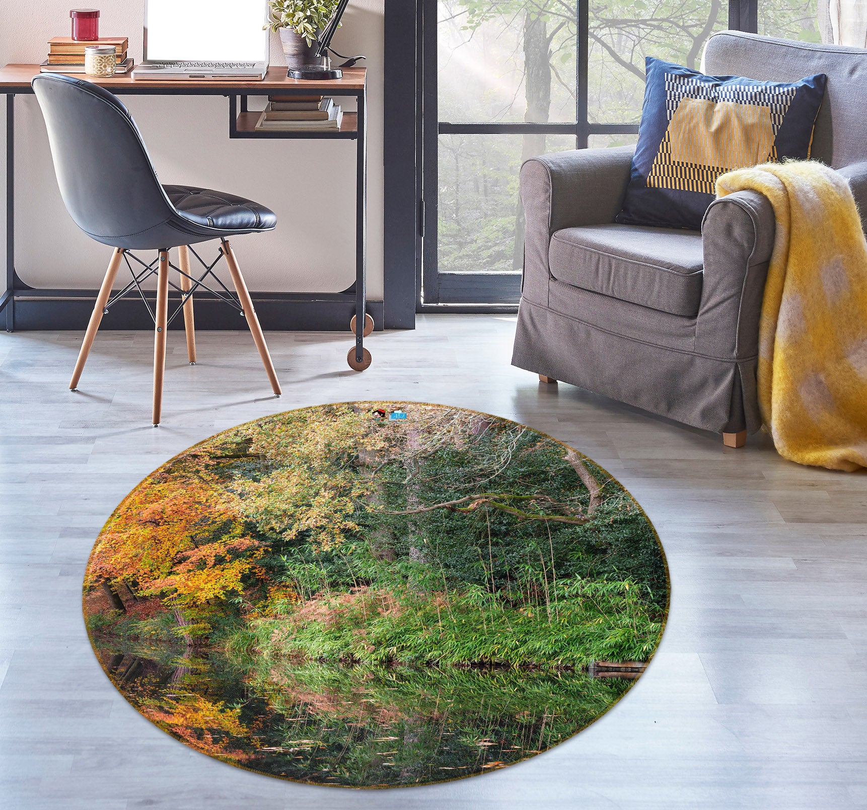 3D Green Leaves 7364 Assaf Frank Rug Round Non Slip Rug Mat