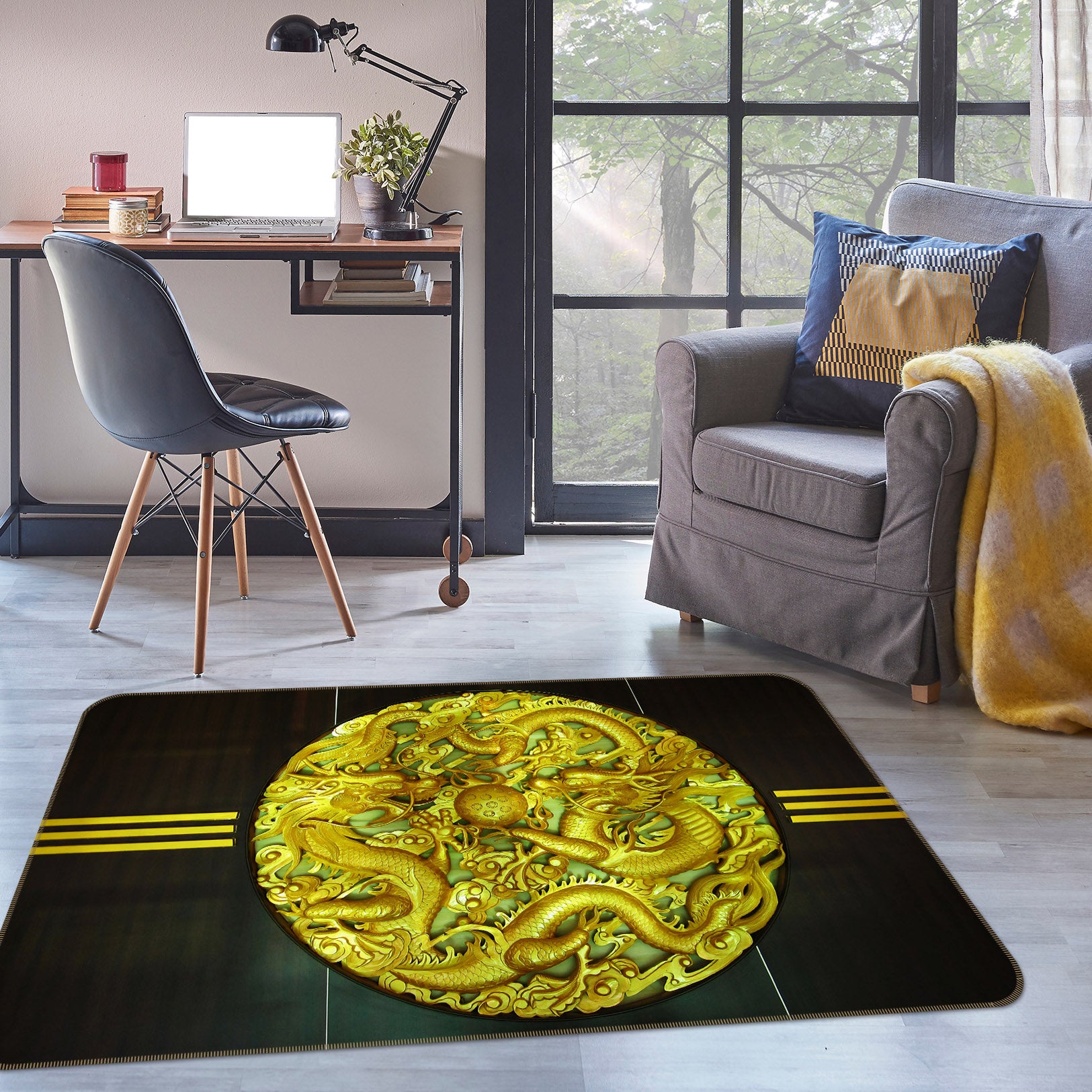 3D Circle Dragon Pattern 32096 Non Slip Rug Mat