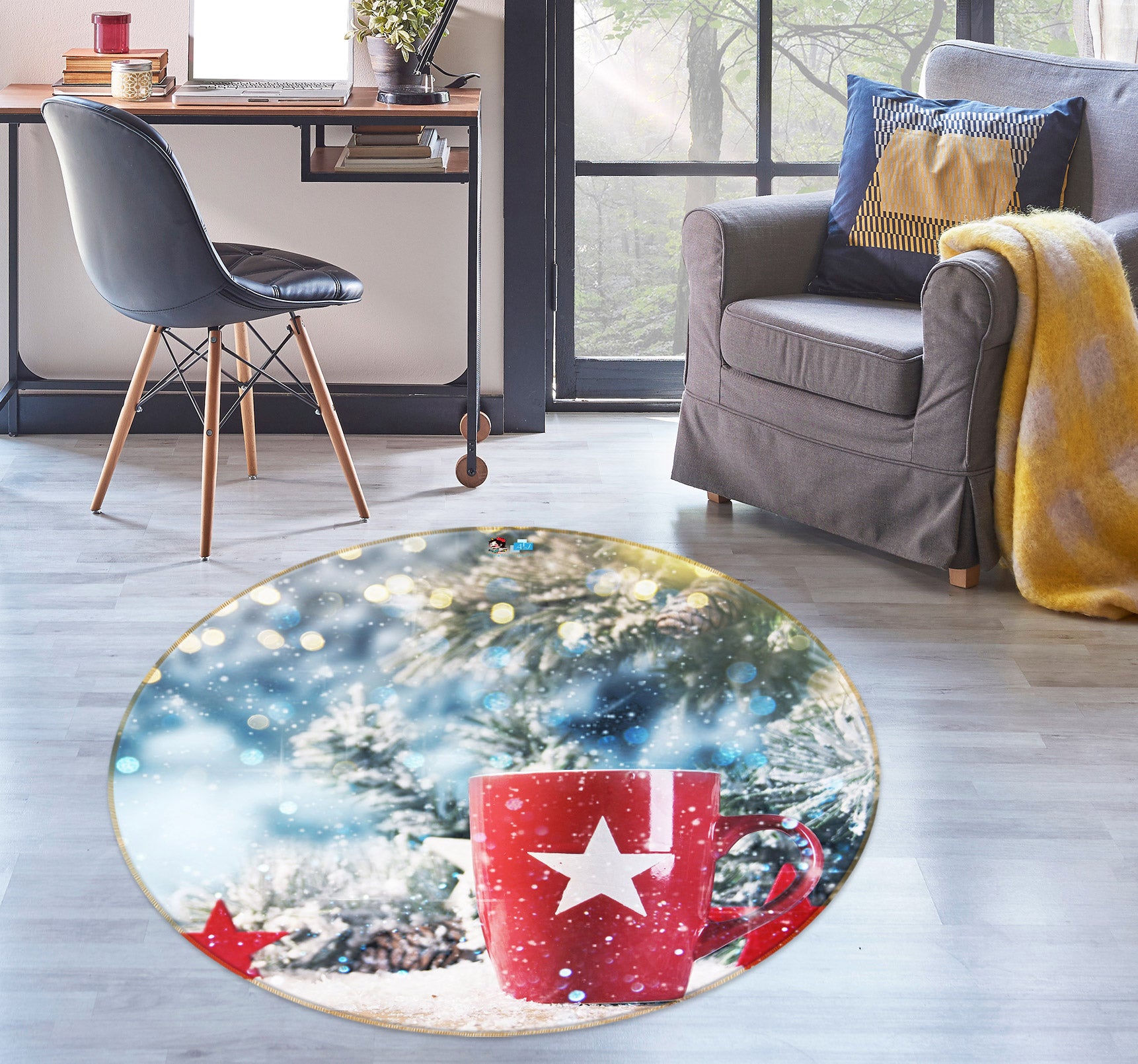 3D Snow Red Cup 54045 Christmas Round Non Slip Rug Mat Xmas
