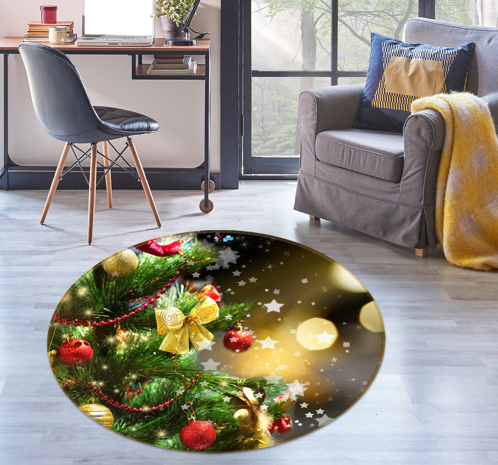 3D Tree Golden Bow 54191 Christmas Round Non Slip Rug Mat Xmas