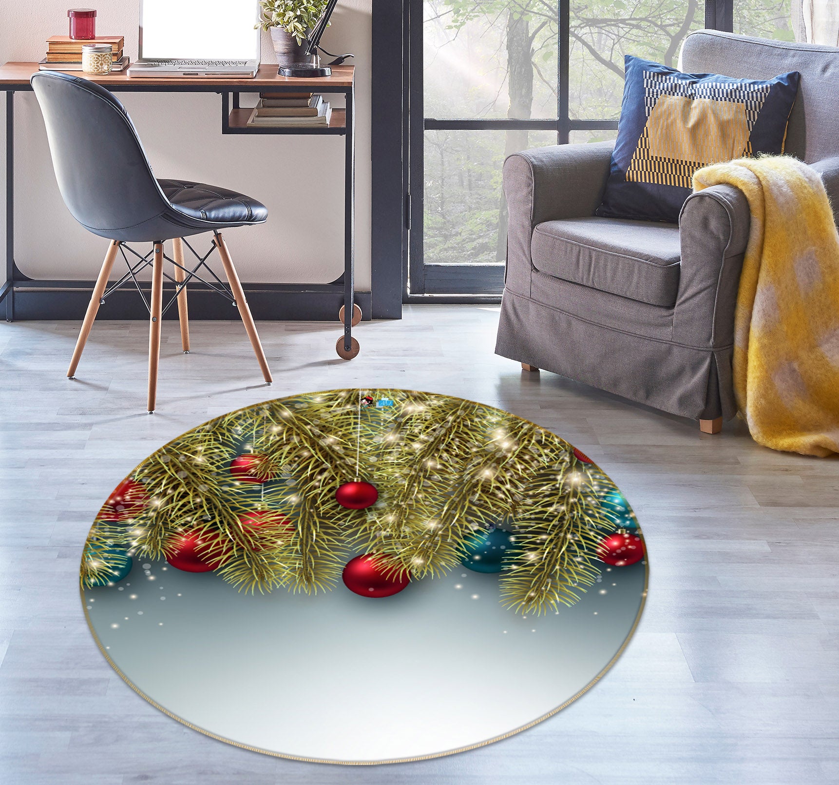 3D Golden Branches 54186 Christmas Round Non Slip Rug Mat Xmas