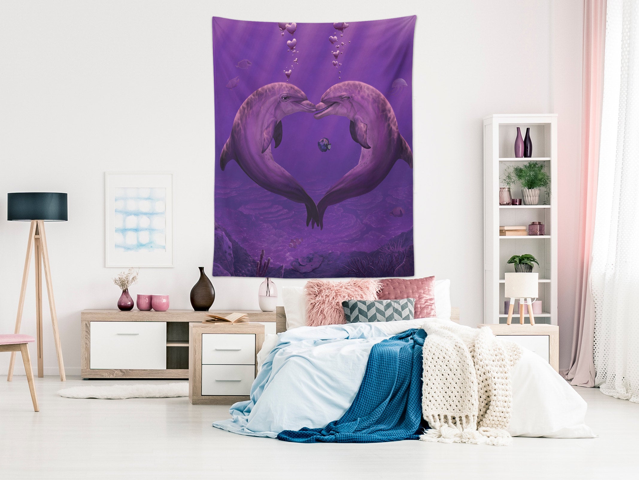 3D Purple Dolphin Heart 11729 Vincent Tapestry Hanging Cloth Hang
