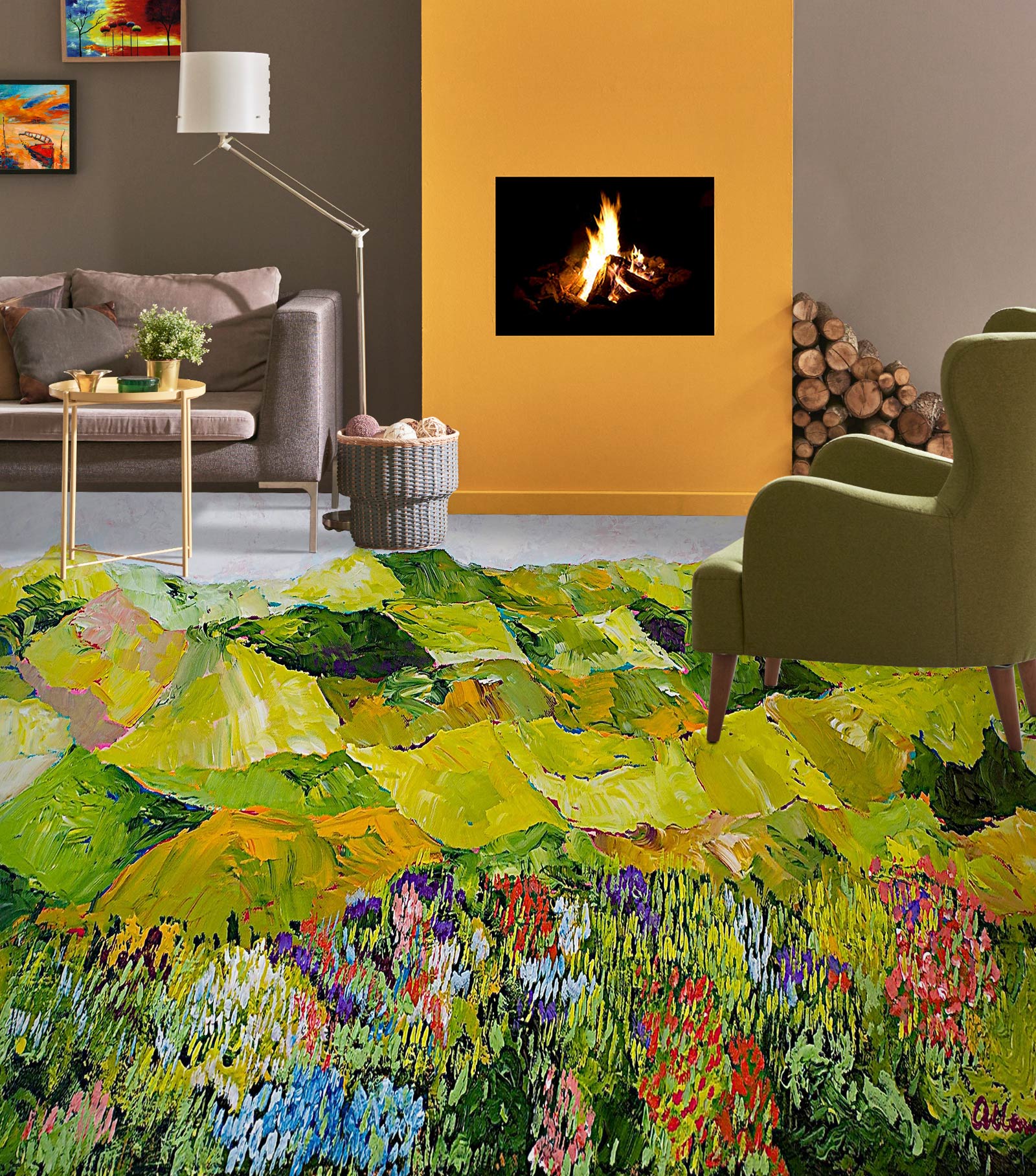 3D Green Hillside Flowers Grass 9606 Allan P. Friedlander Floor Mural