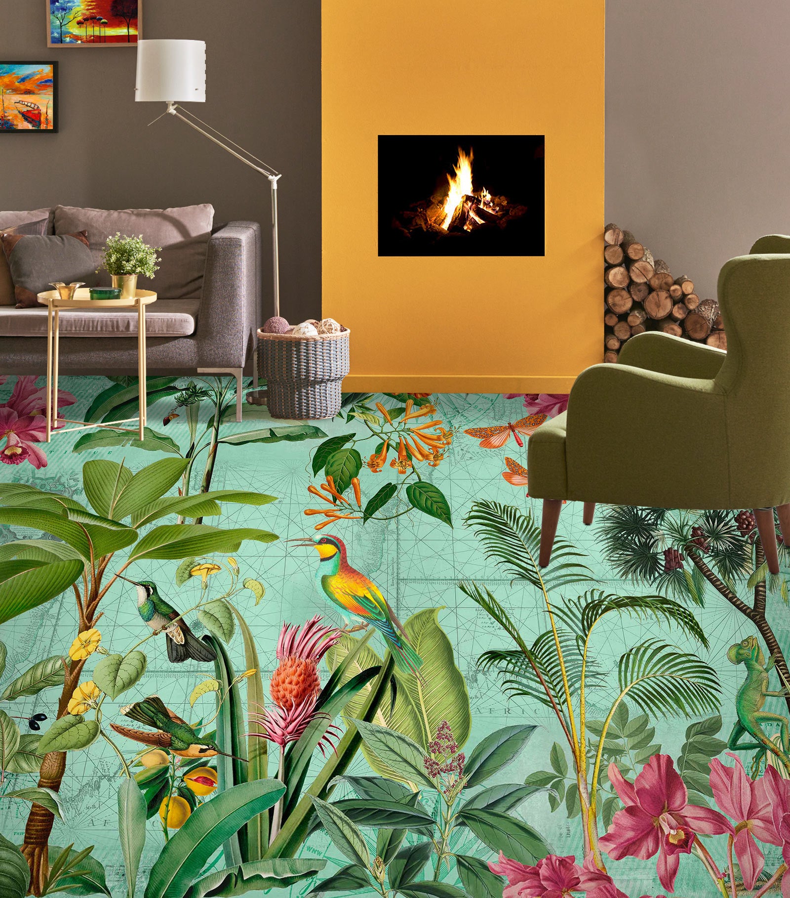 3D Flower Jungle Colorful Bird 10052 Andrea Haase Floor Mural