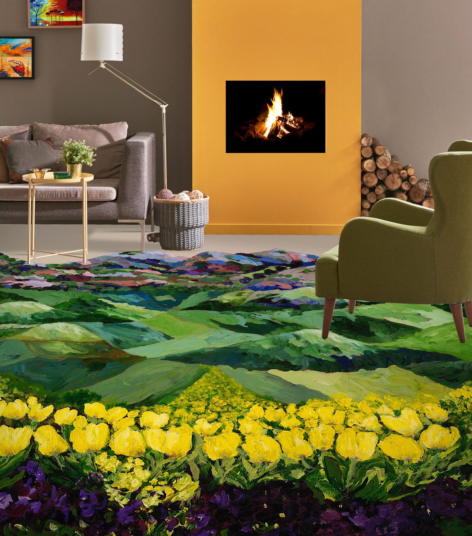 3D Green Hillside Yellow Tulips 9546 Allan P. Friedlander Floor Mural