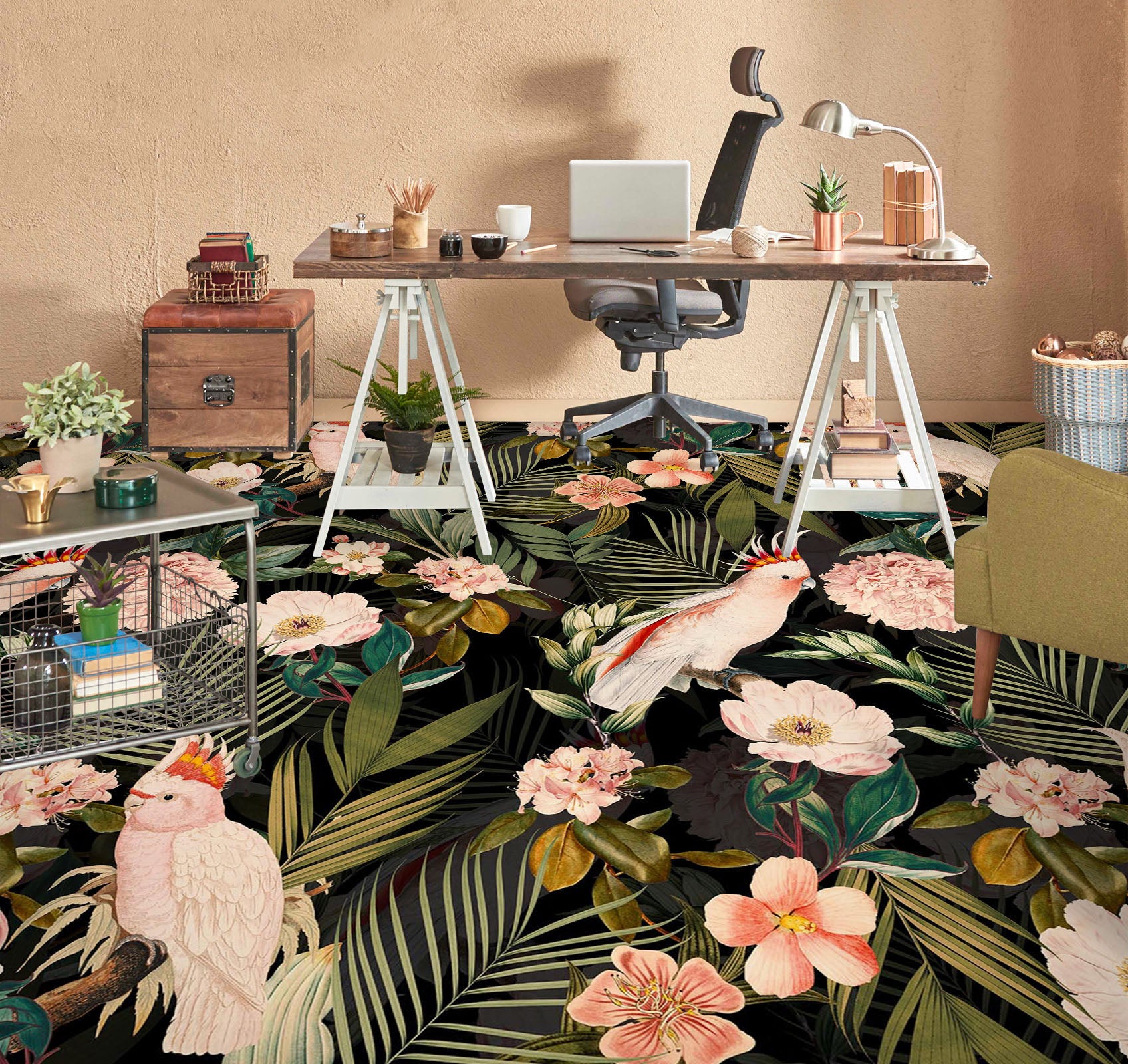 3D Parrot Flower Leaves 99211 Uta Naumann Floor Mural