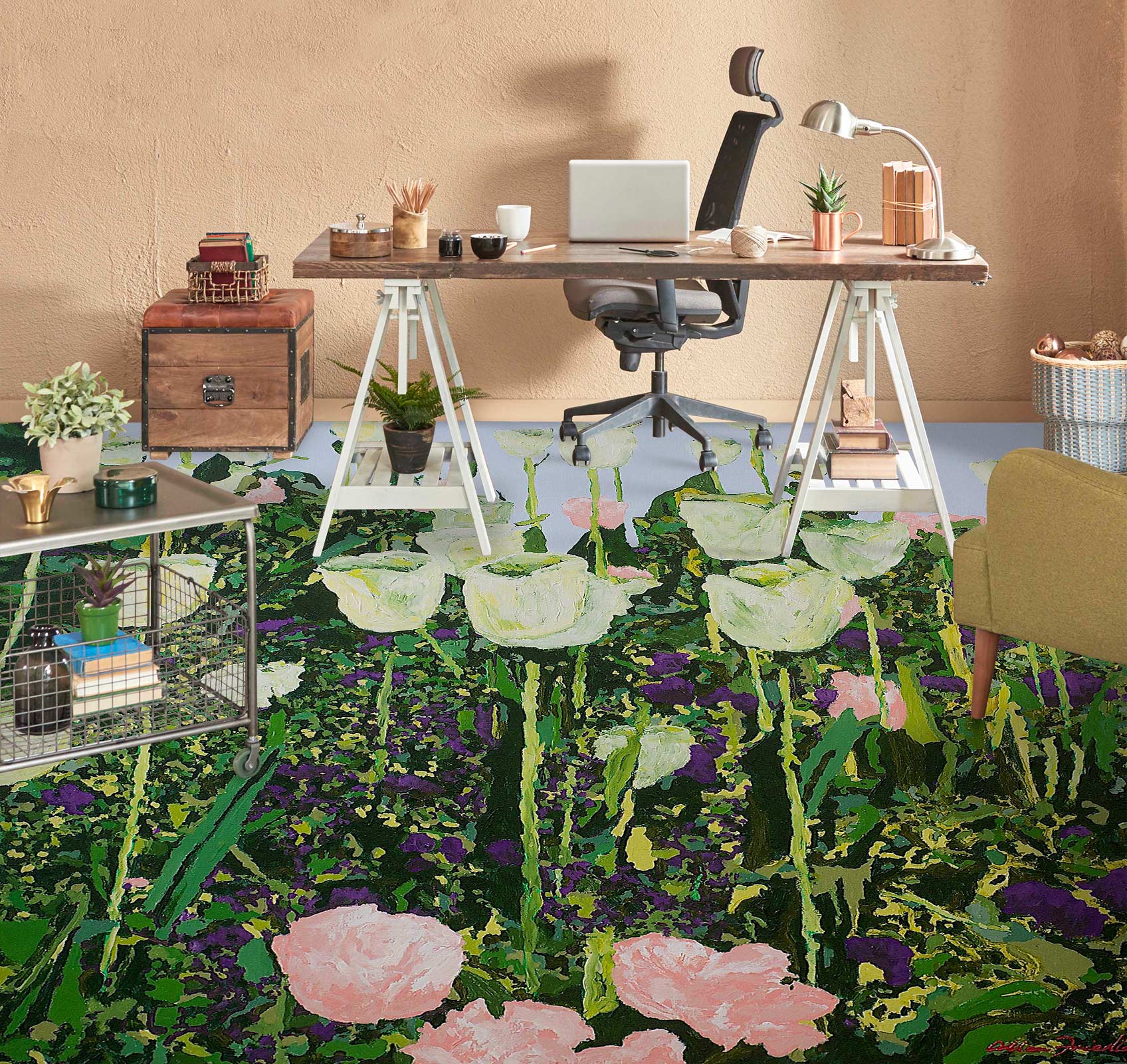 3D White Pink Flower Bush 9569 Allan P. Friedlander Floor Mural