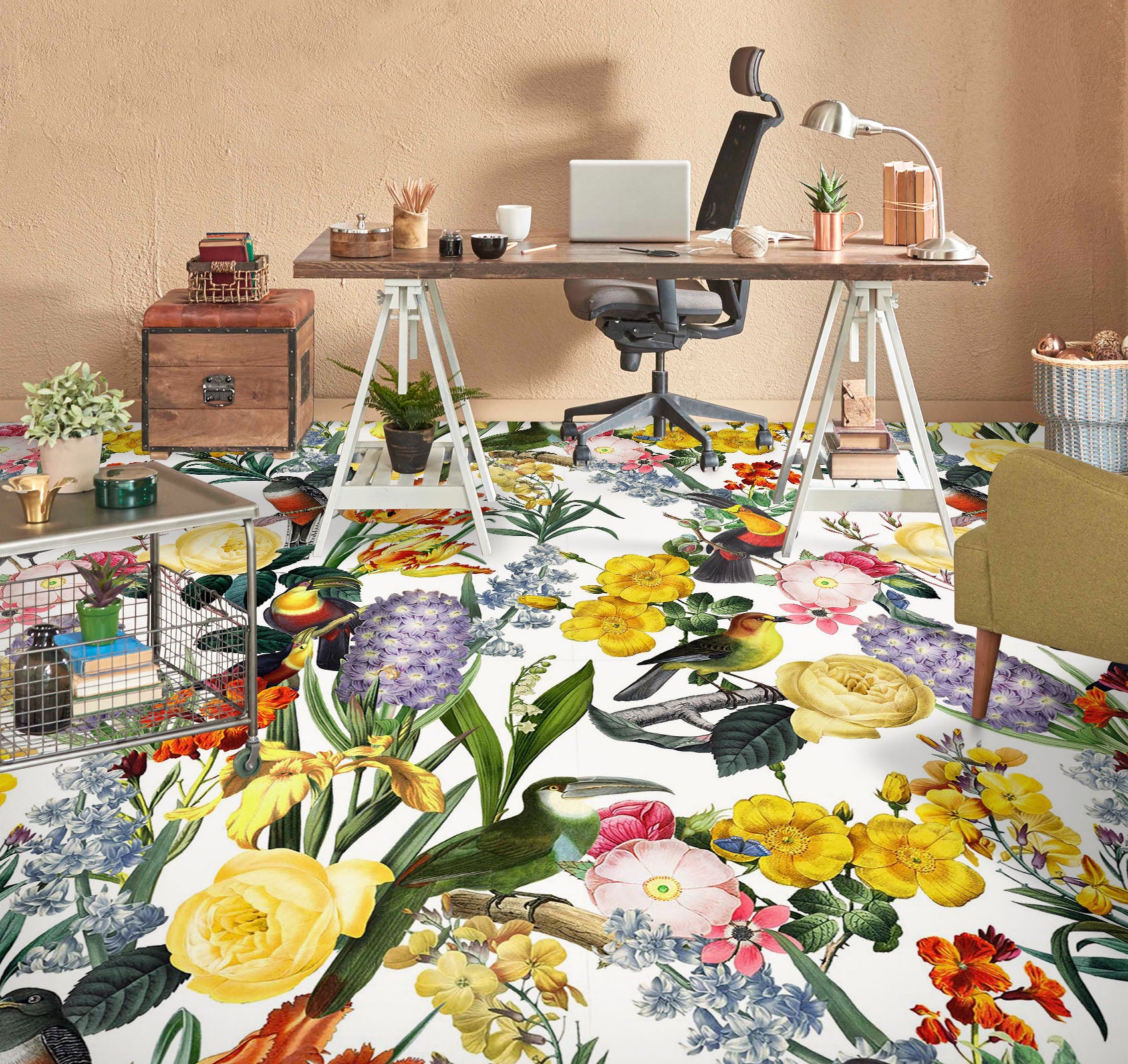 3D Colorful Flower Bird 99221 Uta Naumann Floor Mural