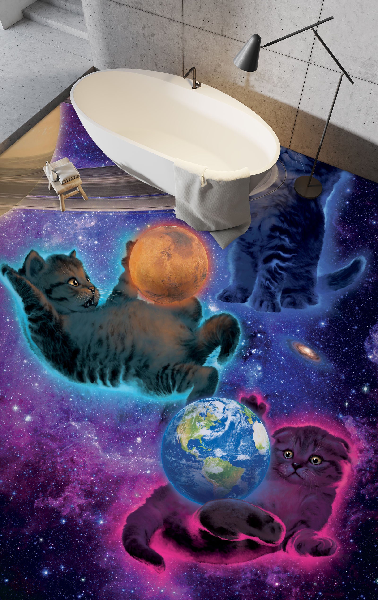 3D Cat Space Planet 98177 Vincent Floor Mural