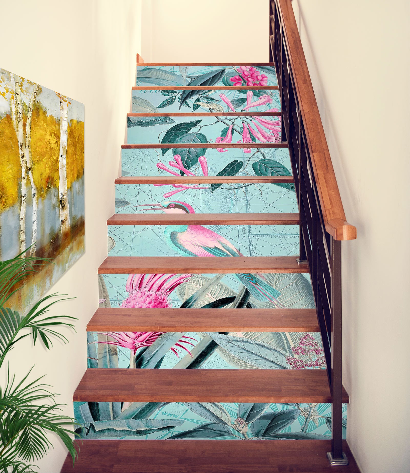 3D Pink Green Leaves Bird 104129 Andrea Haase Stair Risers