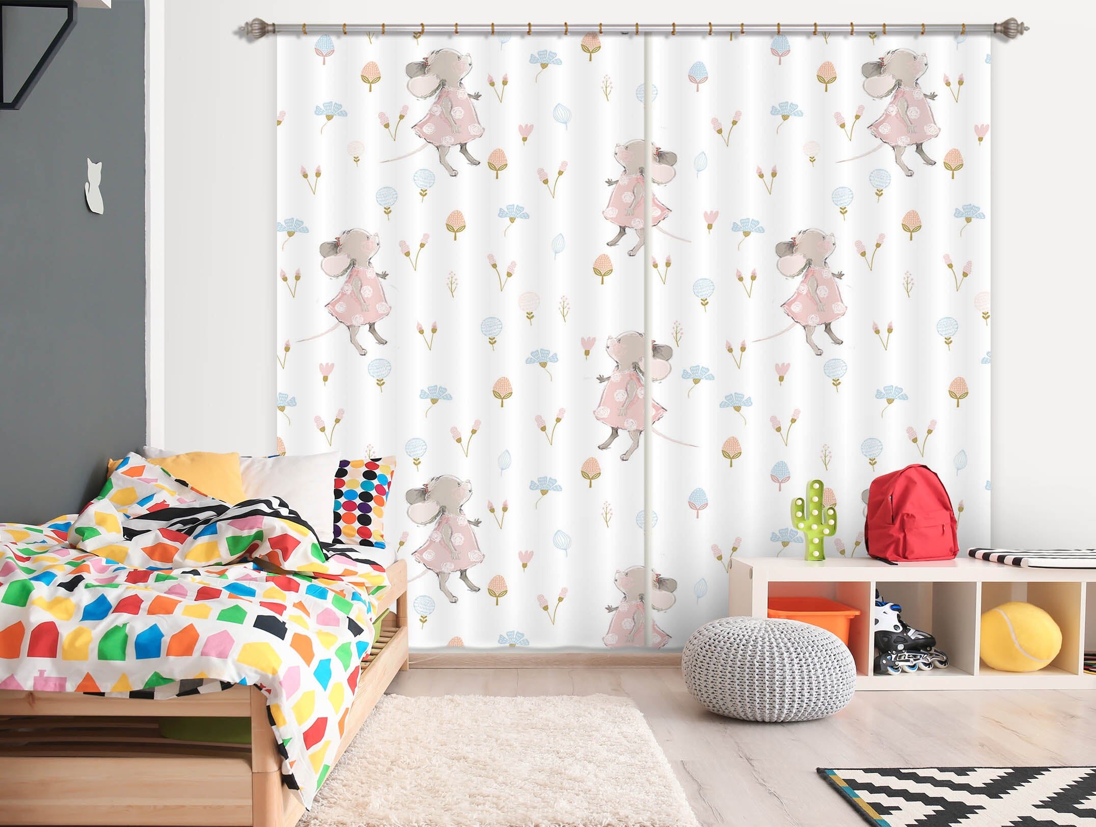 3D Pink Mouse Flower 113 Uta Naumann Curtain Curtains Drapes Curtains AJ Creativity Home 