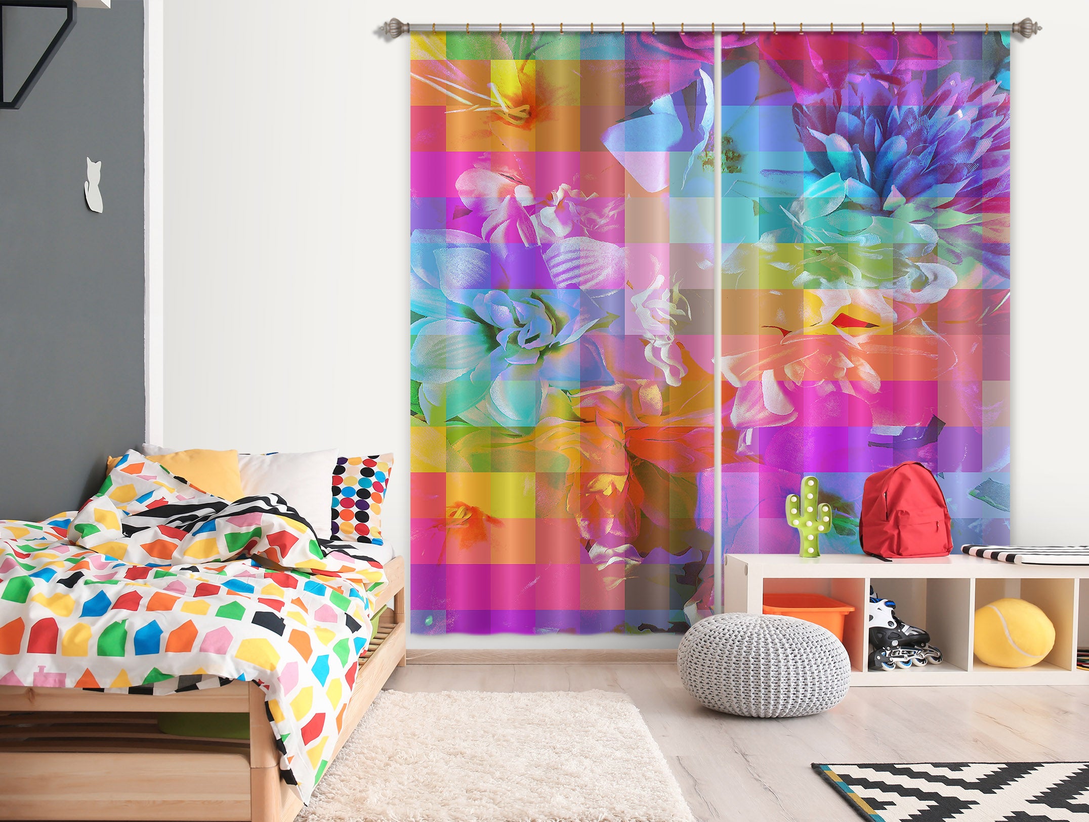 3D Color Mosaic Flowers 19182 Shandra Smith Curtain Curtains Drapes