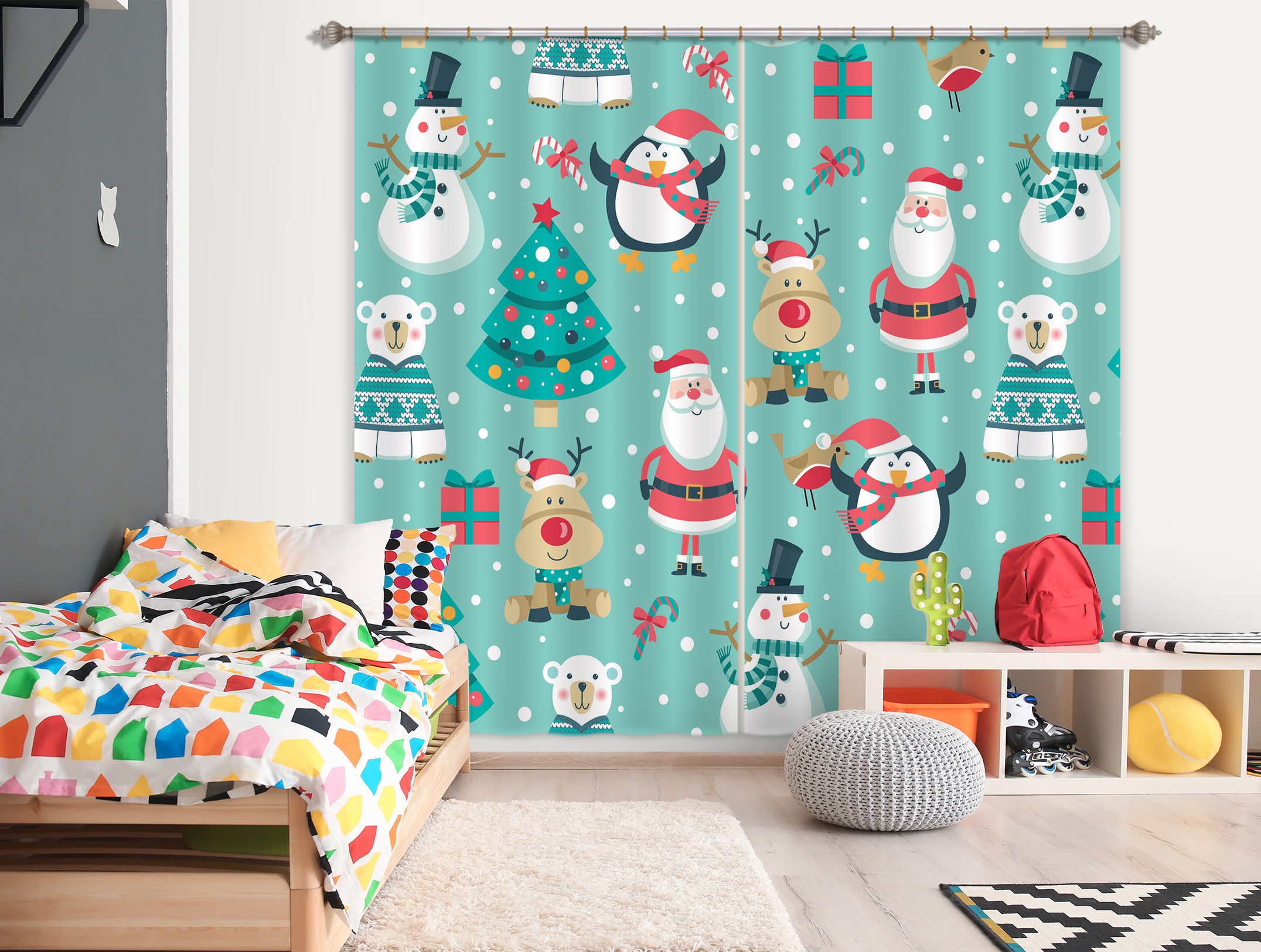 3D Santa Claus Snowman Penguin 52069 Christmas Curtains Drapes Xmas