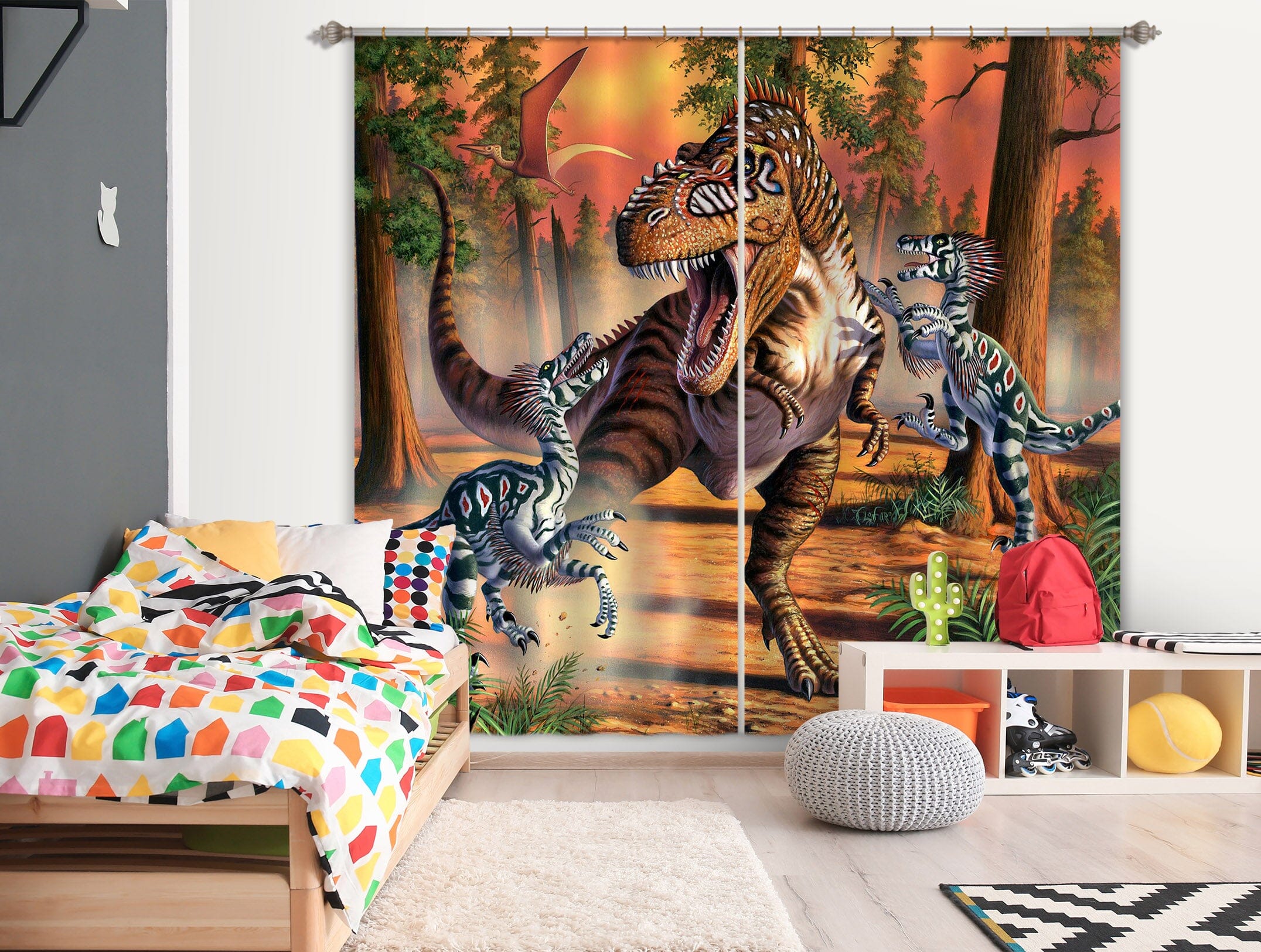 3D Dinosaur Fight 059 Jerry LoFaro Curtain Curtains Drapes Curtains AJ Creativity Home 