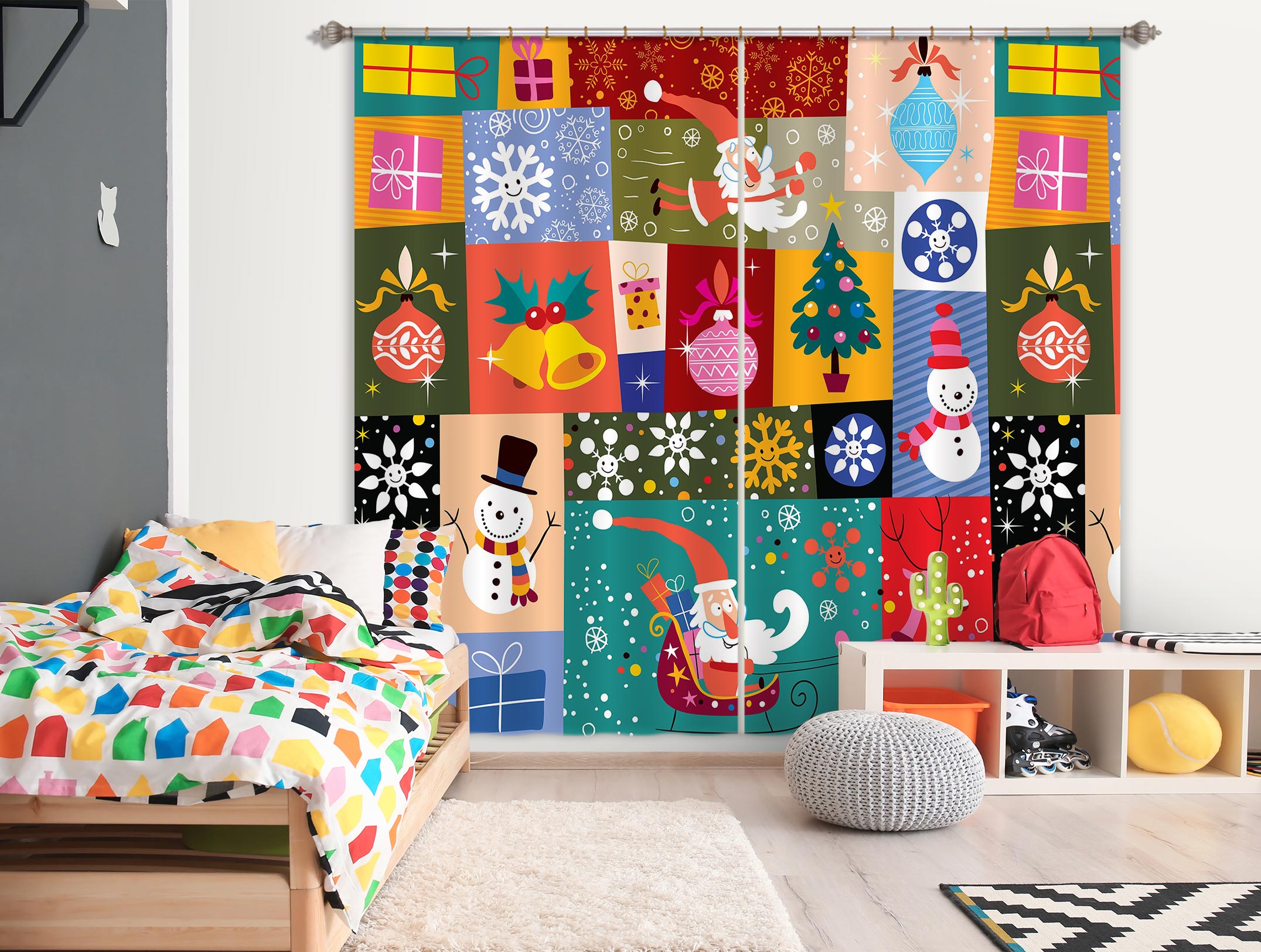 3D Colored Square Santa Tree 52007 Christmas Curtains Drapes Xmas