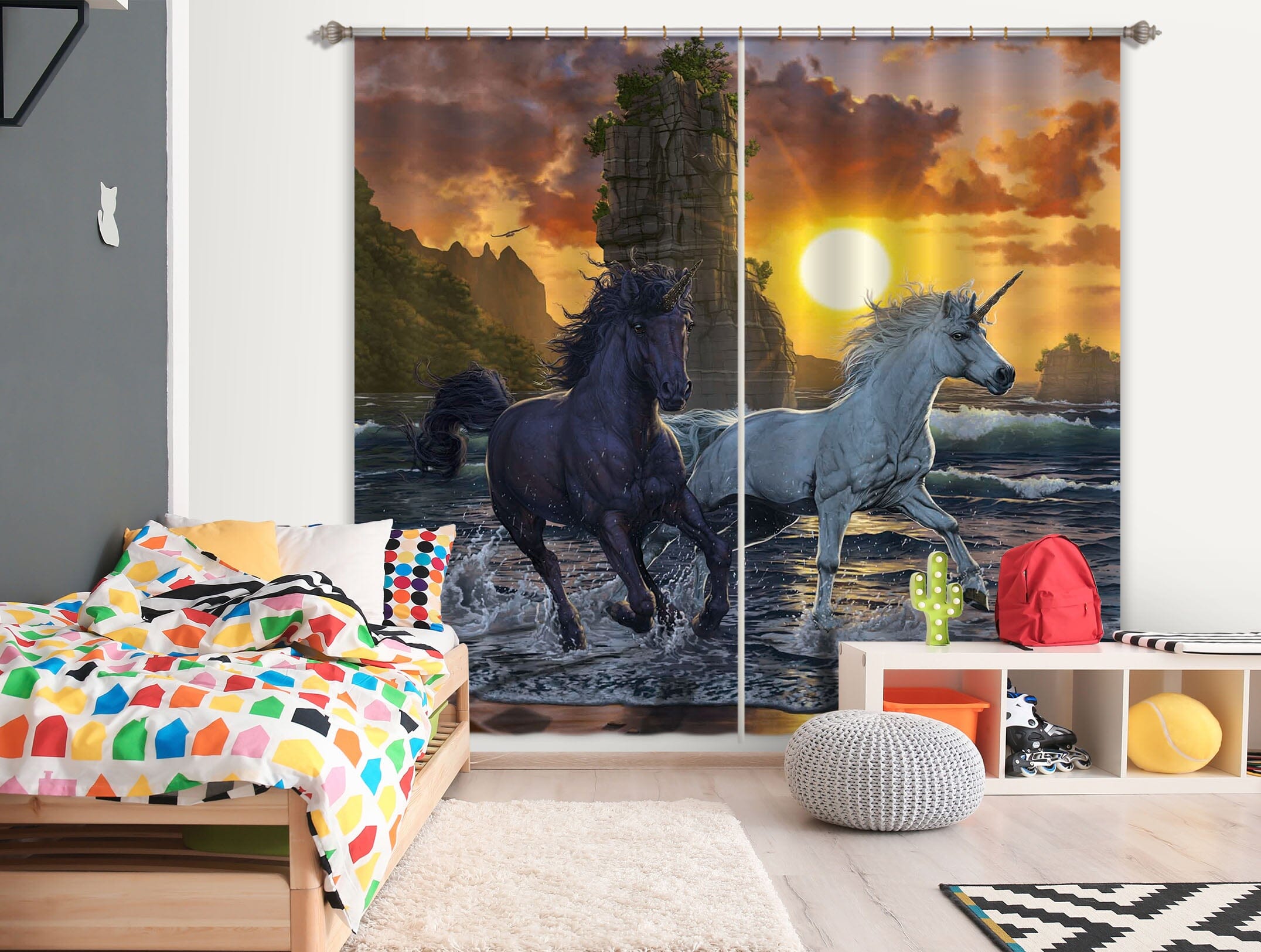 3D Unicorns In Sunset 088 Vincent Hie Curtain Curtains Drapes Curtains AJ Creativity Home 