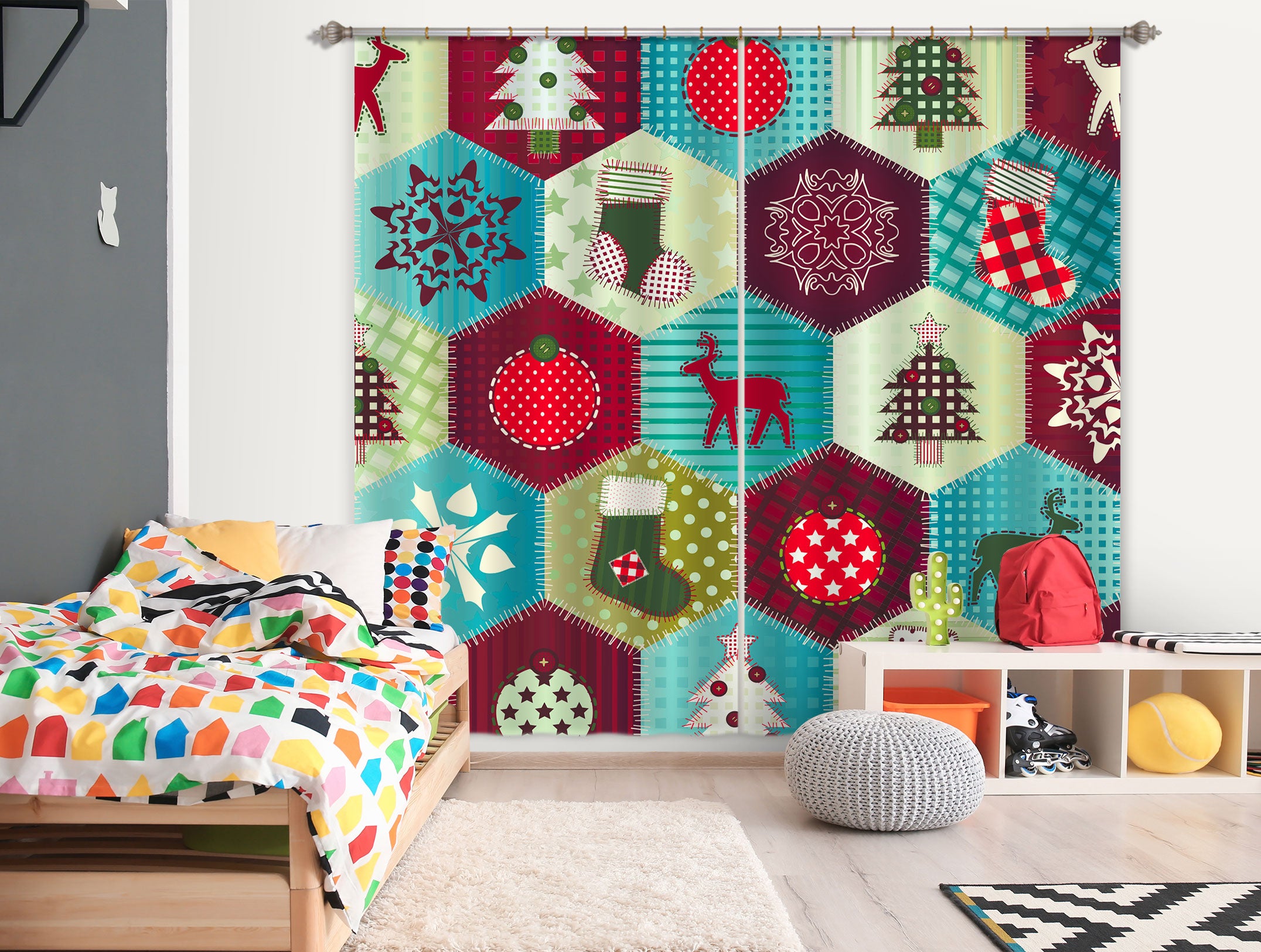 3D Hexagon Snow Deer 52036 Christmas Curtains Drapes Xmas