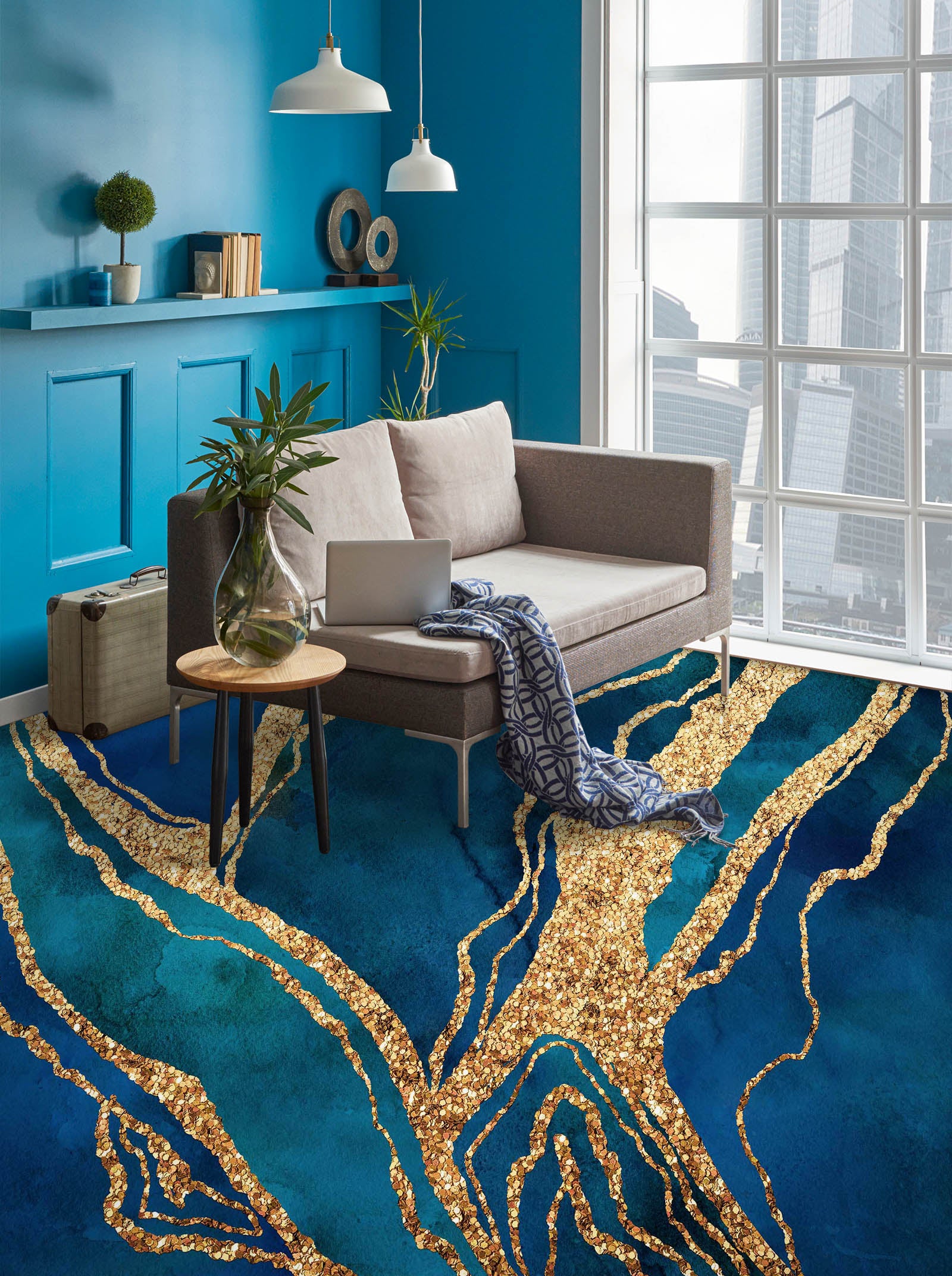 3D Blue Gold Texture 102123 Andrea Haase Floor Mural