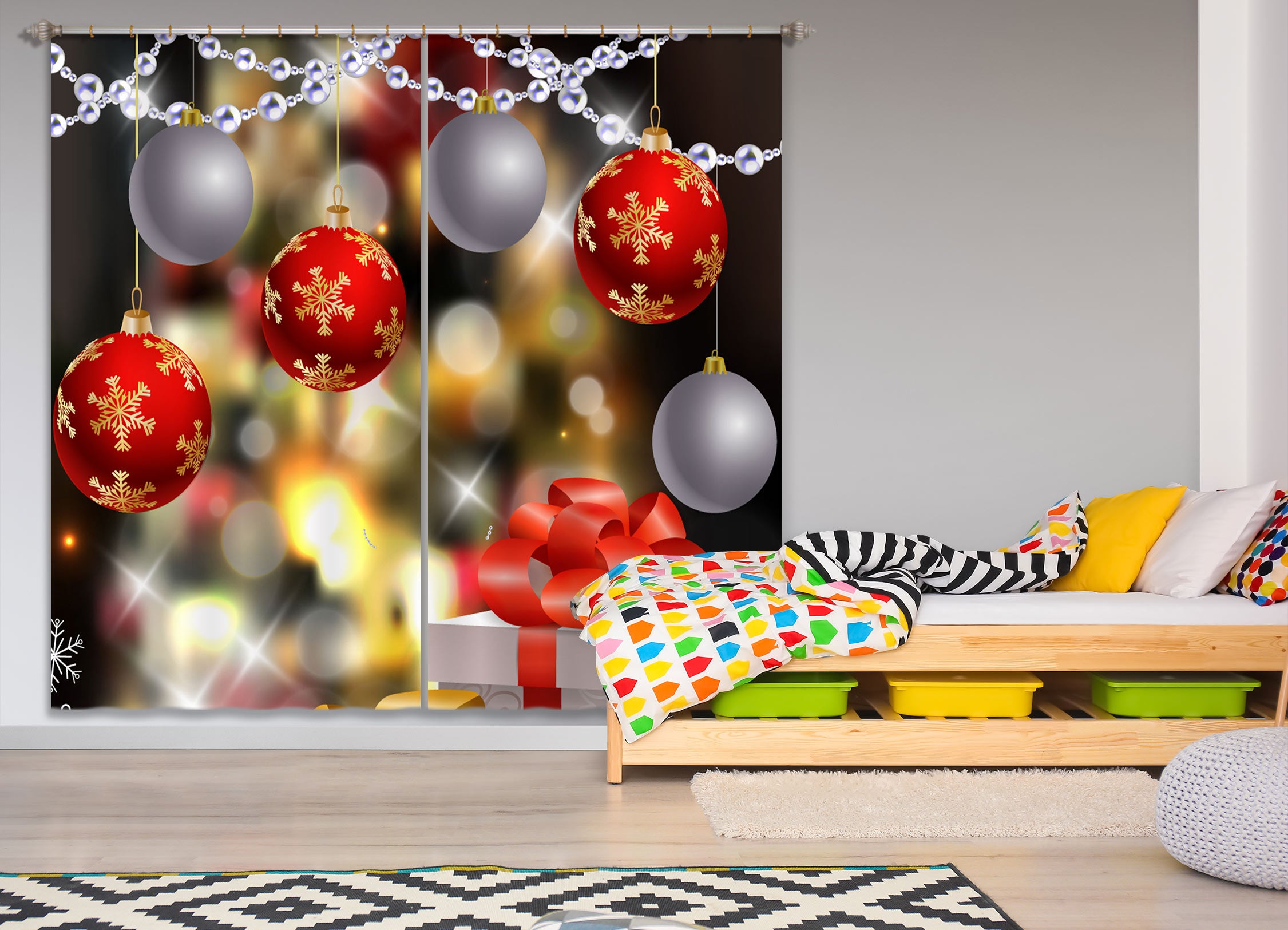 3D Silver Red Ball 52037 Christmas Curtains Drapes Xmas