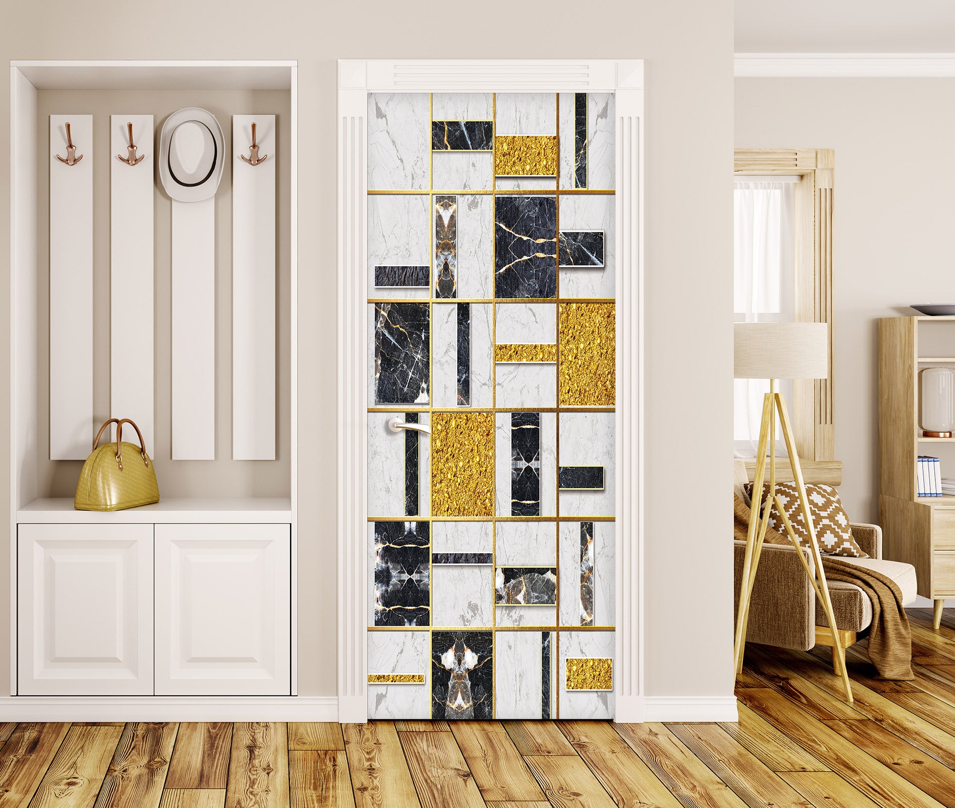3D Black Gold Cube 21213 Door Mural