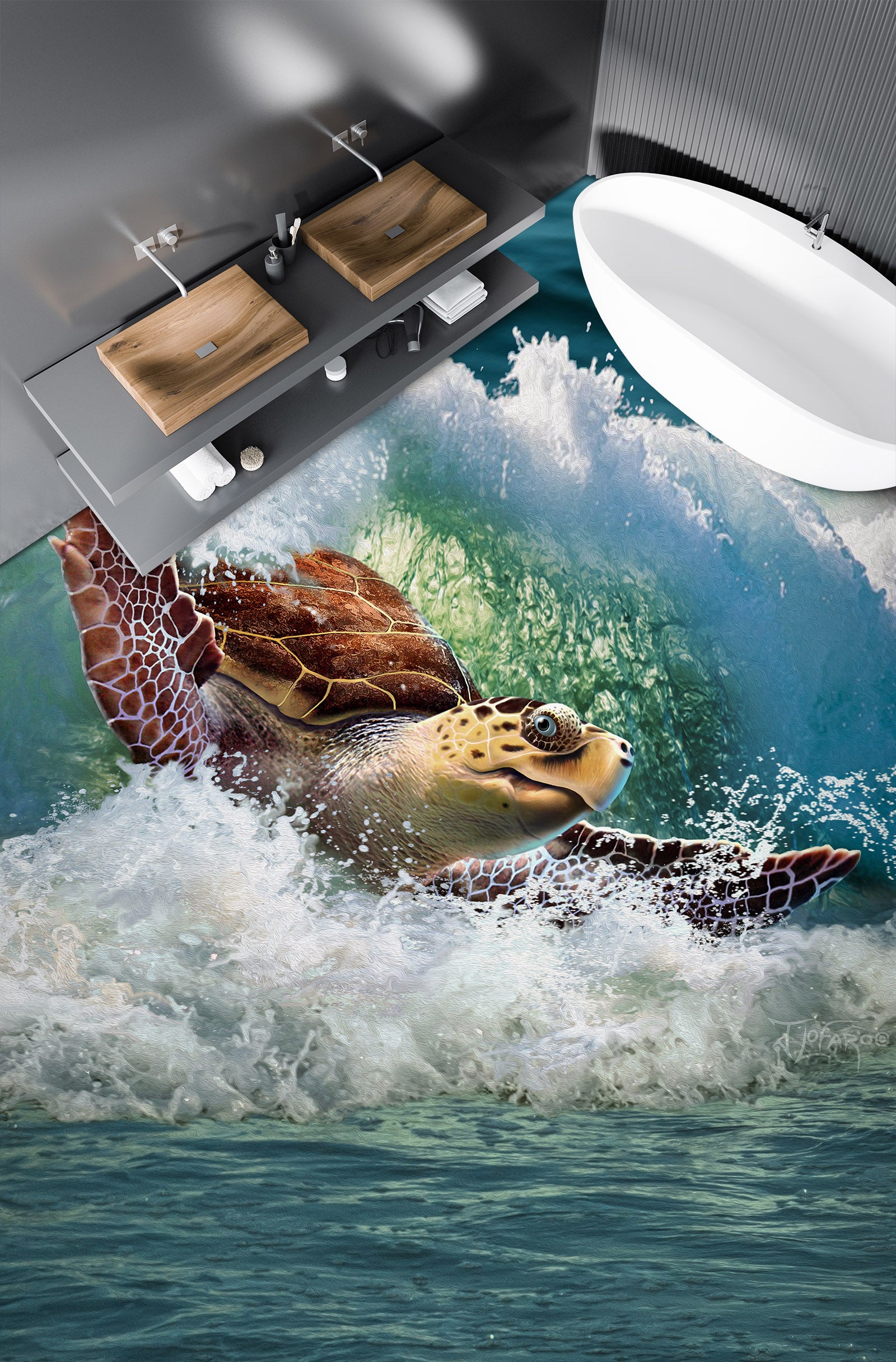 3D Sea Turtle Waves 96225 Jerry LoFaro Floor Mural