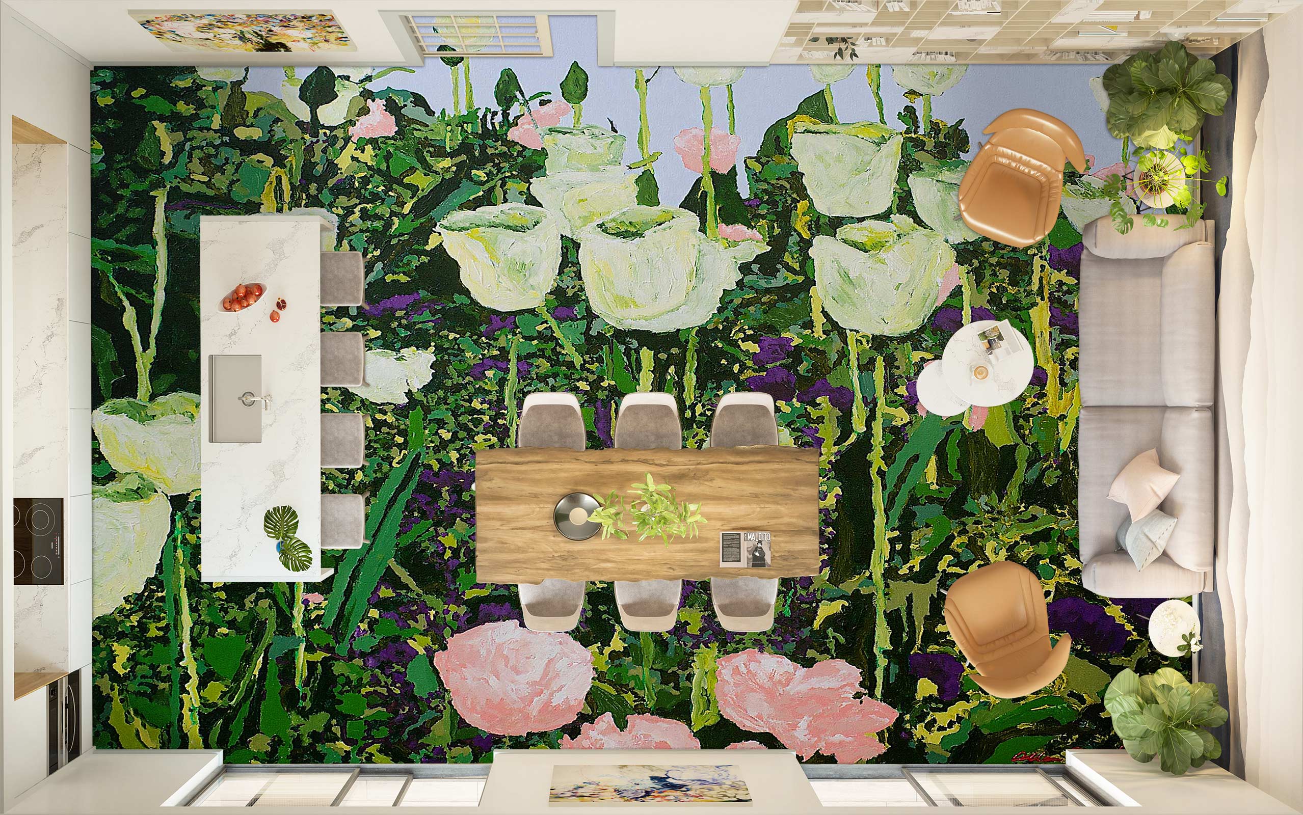 3D White Pink Flower Bush 9569 Allan P. Friedlander Floor Mural