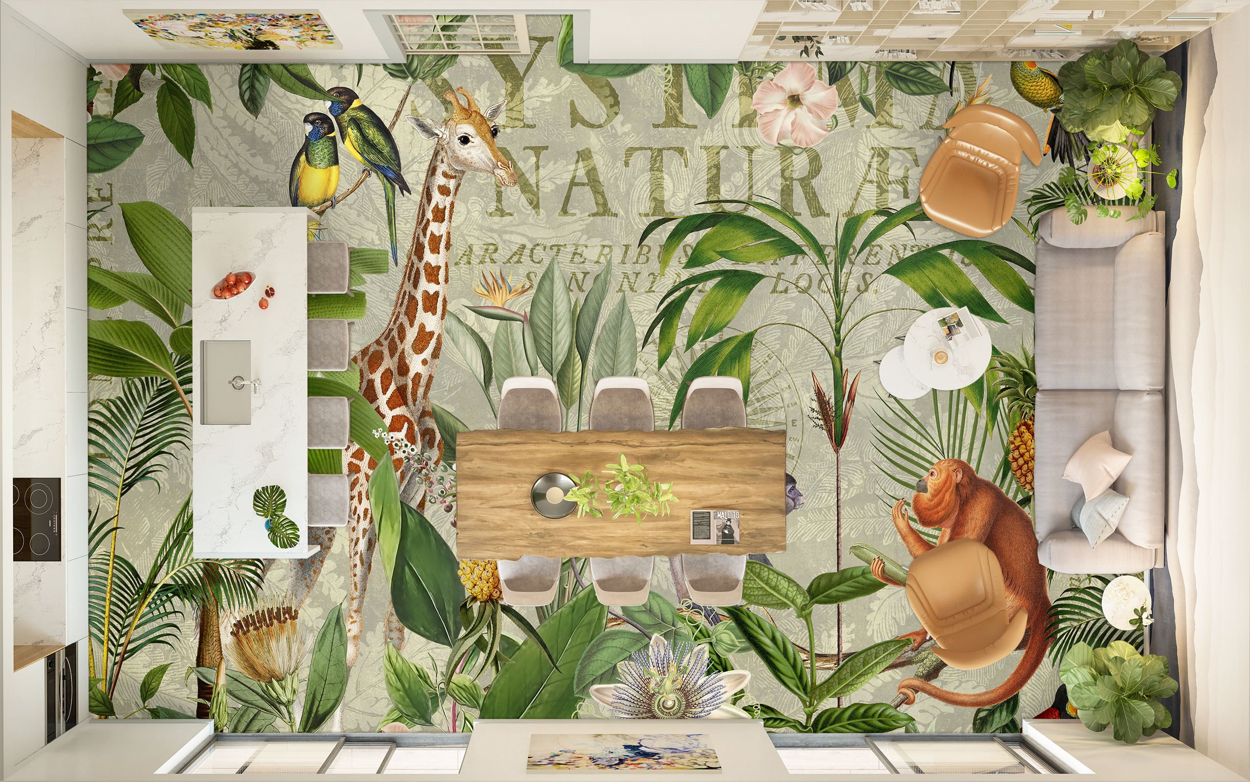 3D Grove Giraffe Monkey Pineapple 104170 Andrea Haase Floor Mural