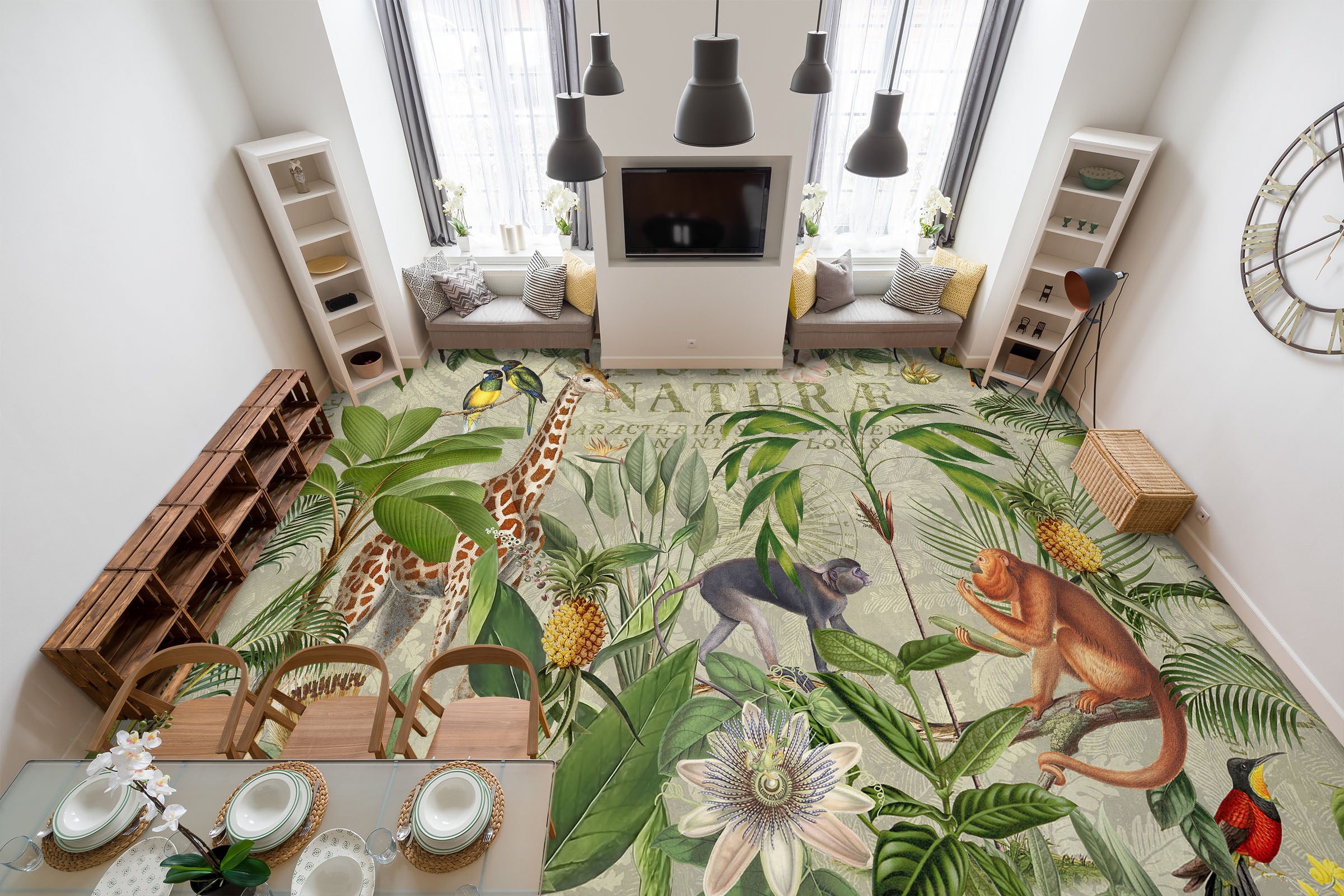 3D Grove Giraffe Monkey Pineapple 104170 Andrea Haase Floor Mural