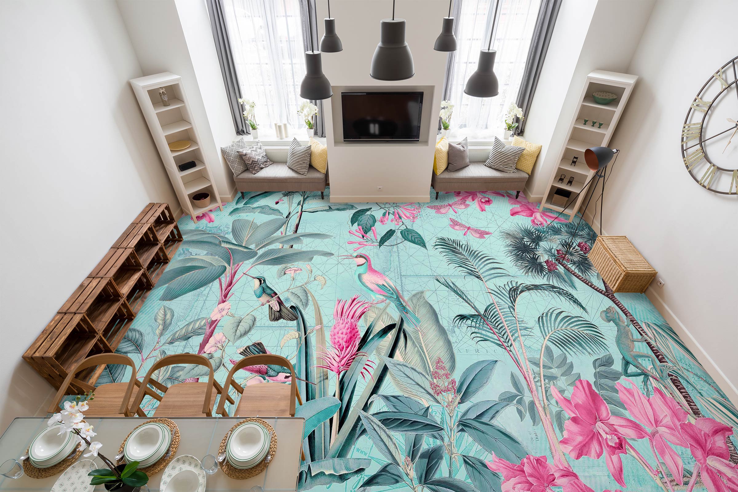 3D Pink Flowers Bird Grove 10055 Andrea Haase Floor Mural