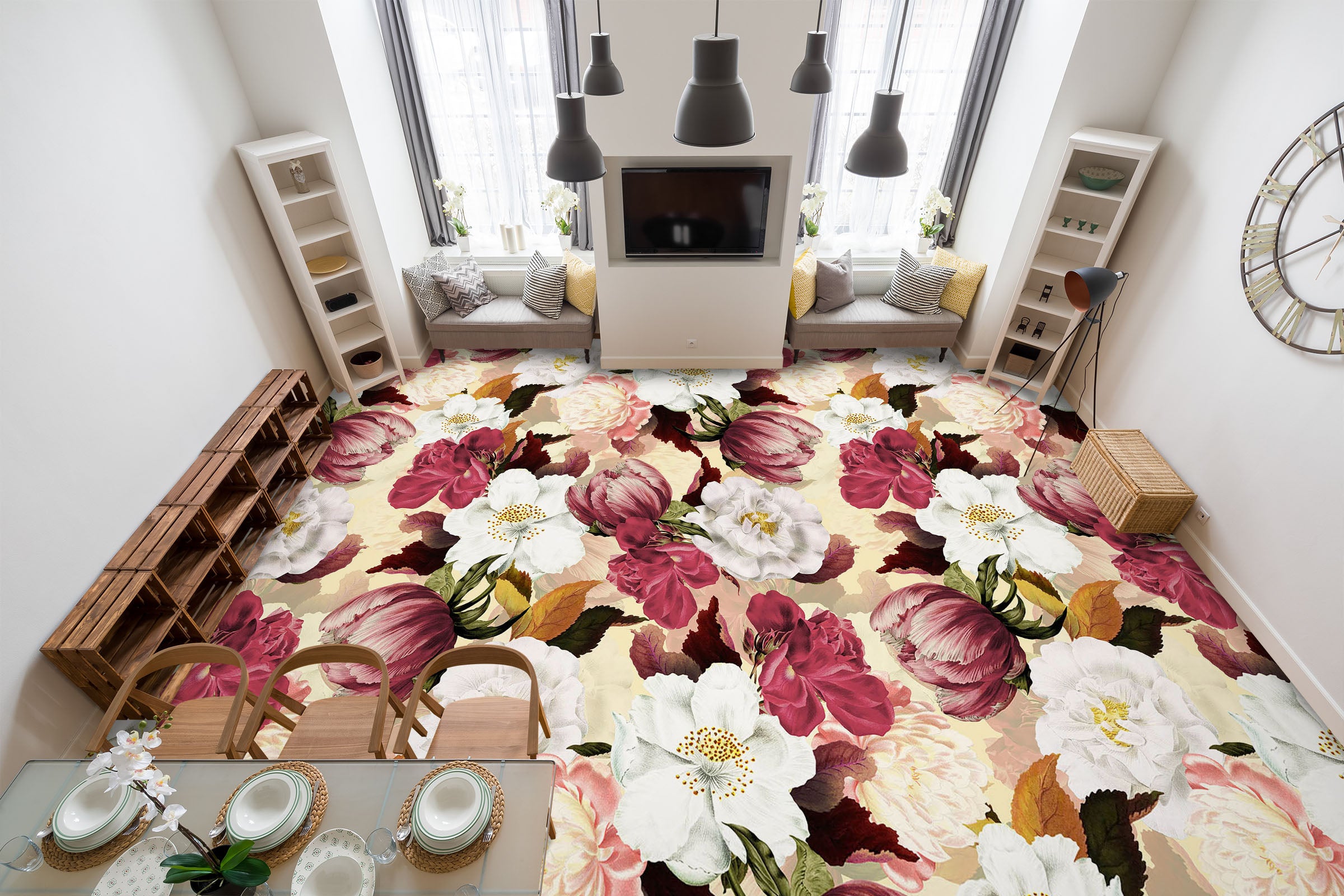 3D White Pink Flower Pattern 10013 Uta Naumann Floor Mural