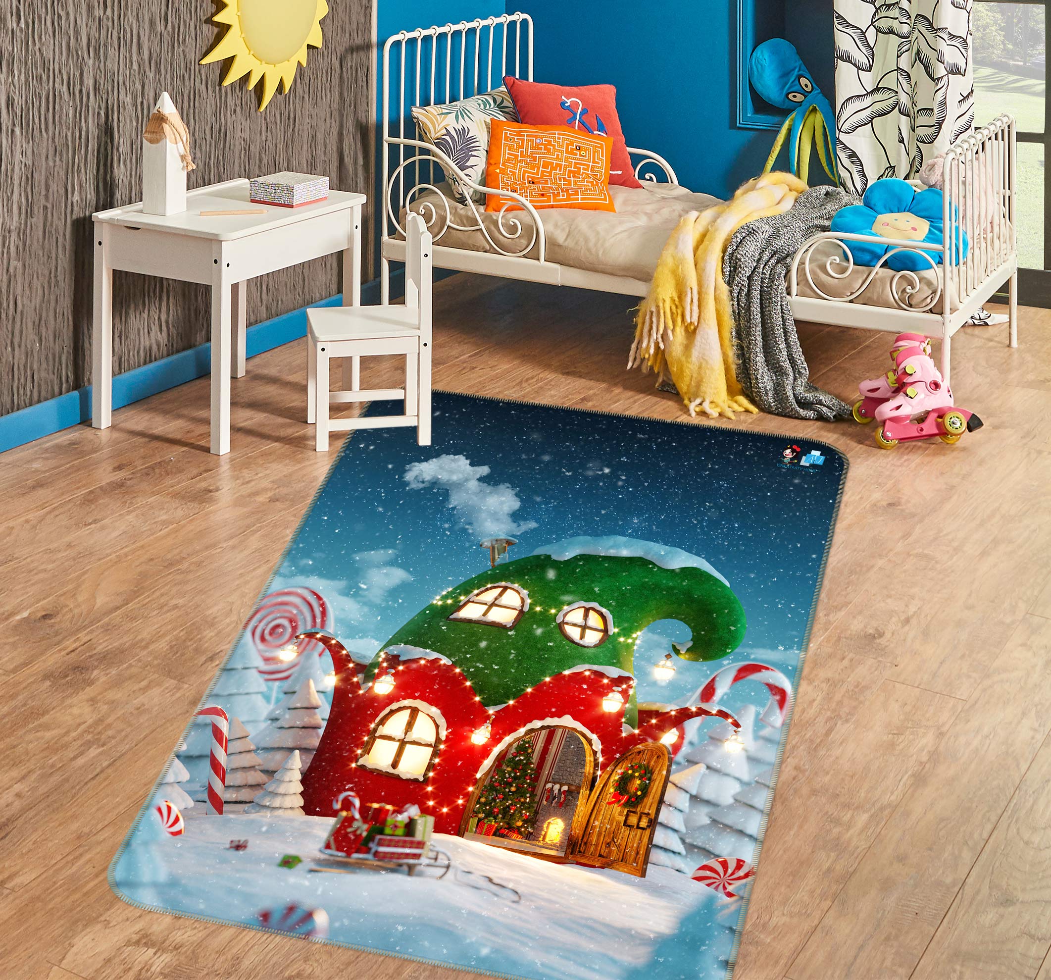 3D Red Green Cabin 55042 Christmas Non Slip Rug Mat Xmas