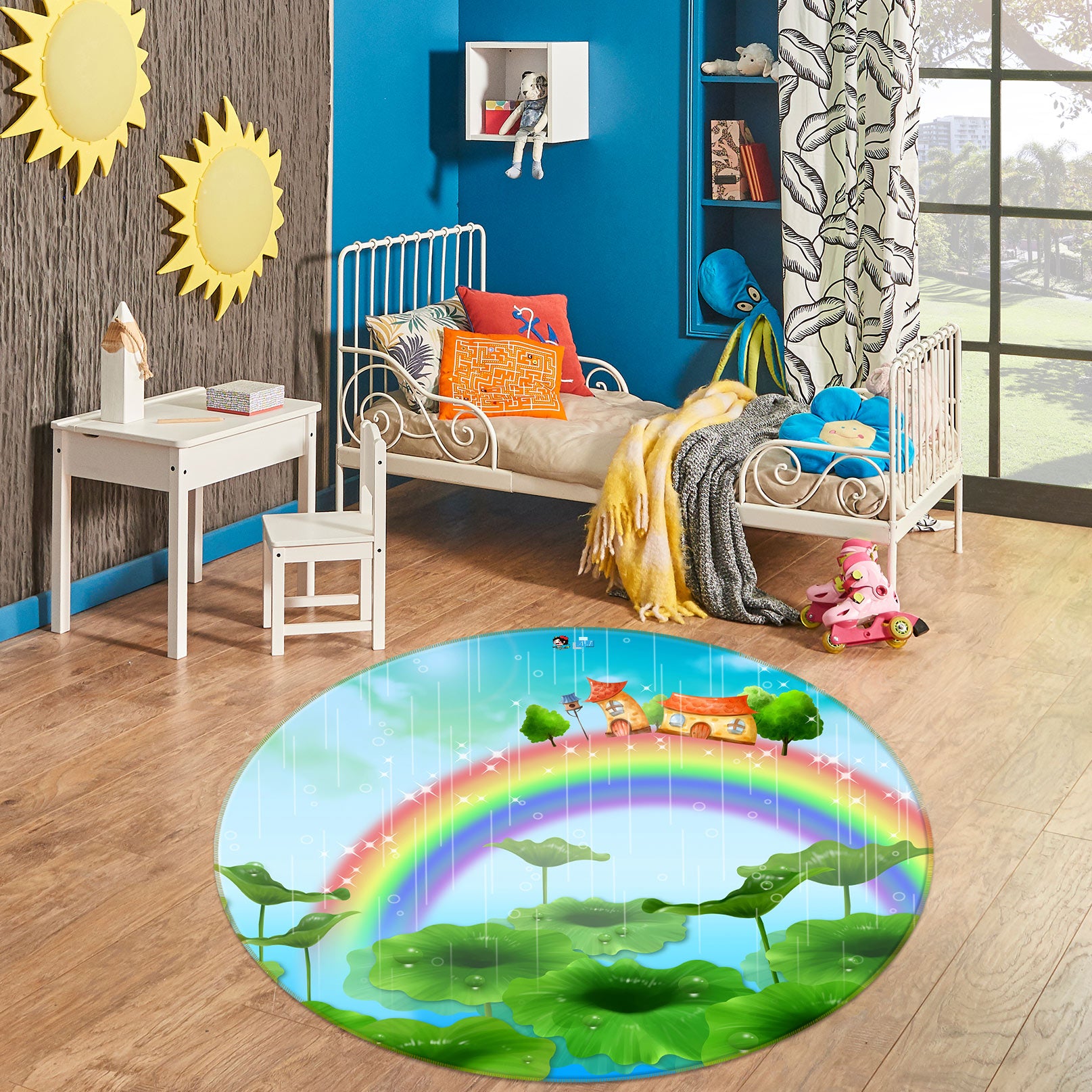 3D Rainbow Lotus Leaf 72241 Round Non Slip Rug Mat