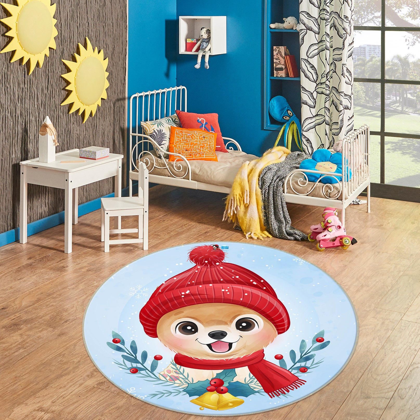 3D Dog Red Hat 75137 Round Non Slip Rug Mat