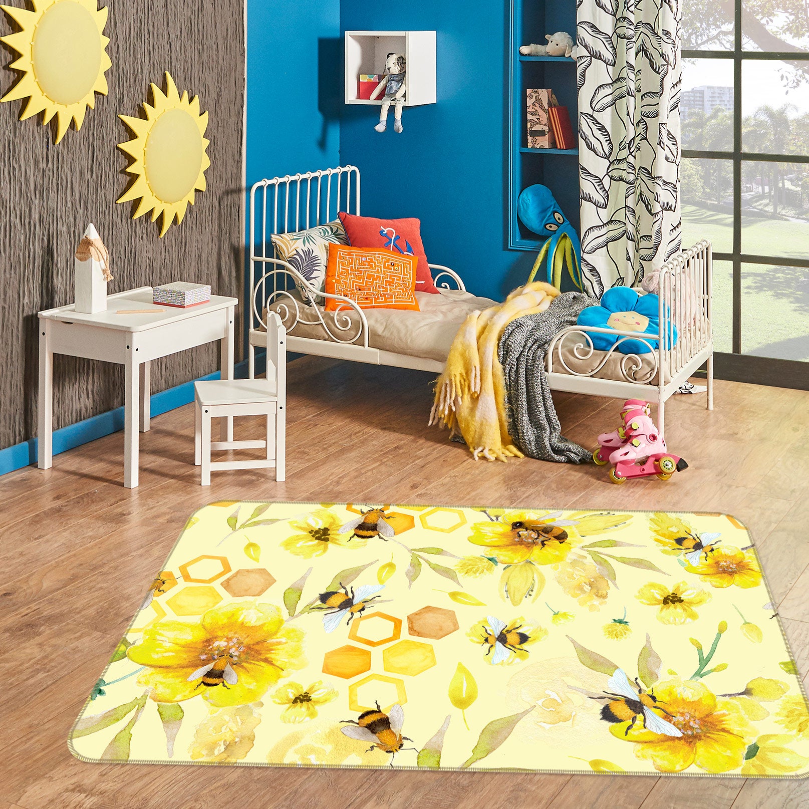 3D Bee Flower 101 Uta Naumann Rug Non Slip Rug Mat