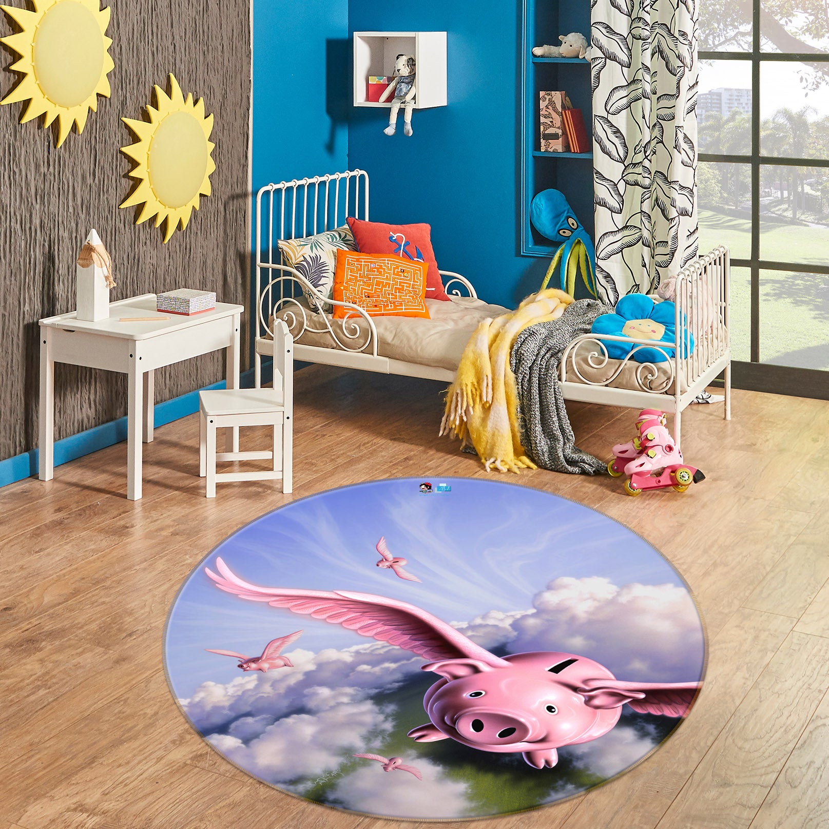 3D Clouds Flying Pig 83140 Jerry LoFaro Rug Round Non Slip Rug Mat