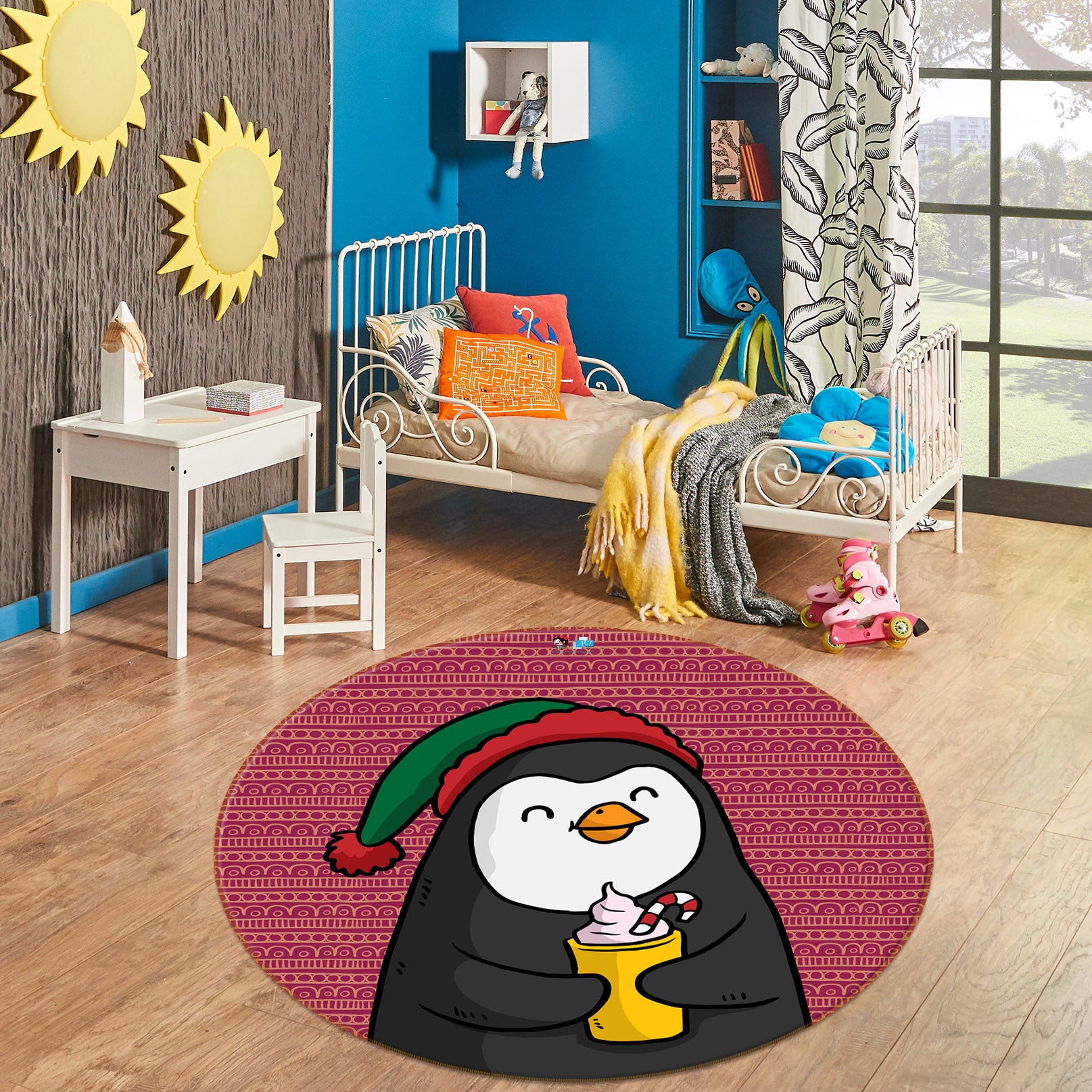 3D Cartoon Penguin 75122 Round Non Slip Rug Mat
