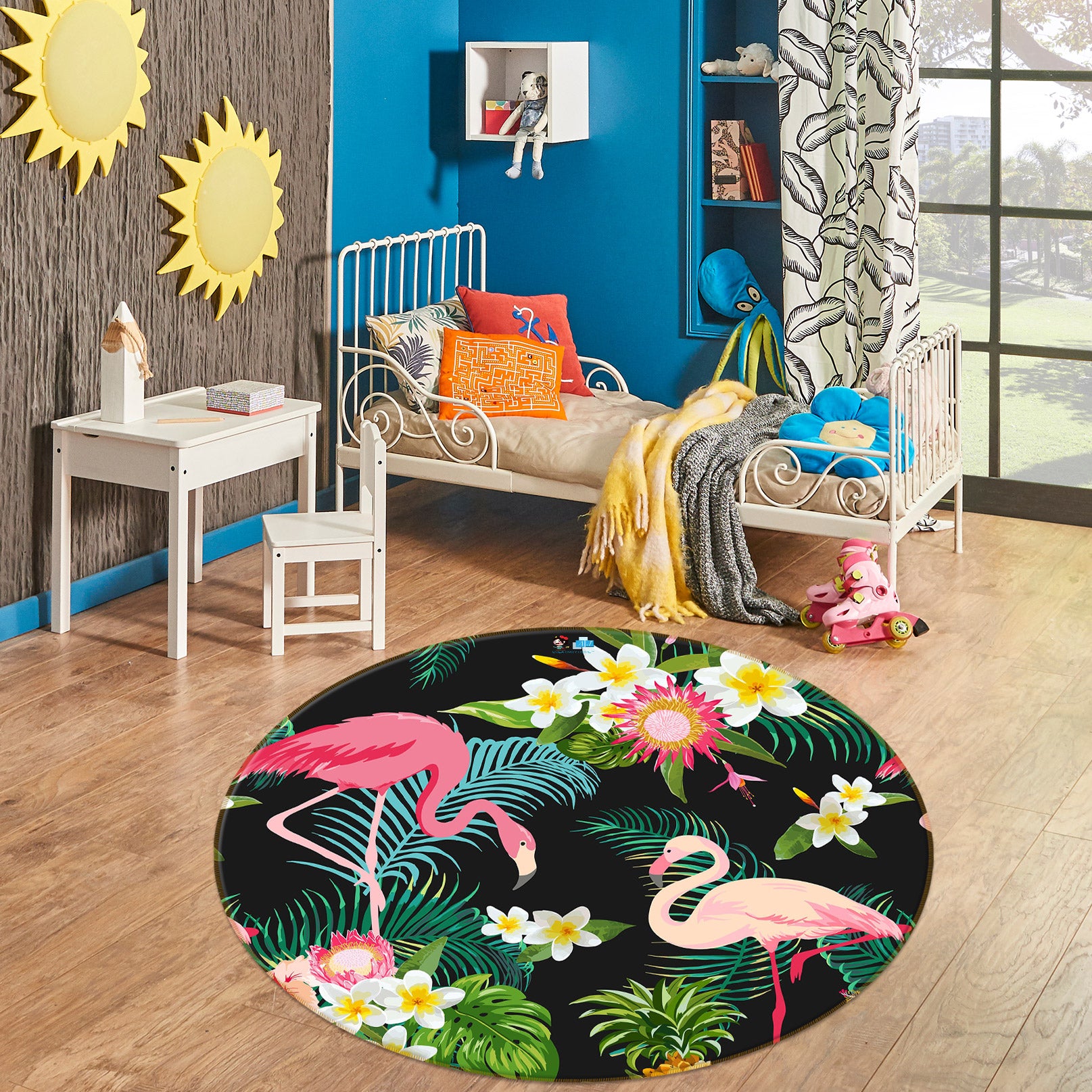 3D Flamingo Leaves 72232 Round Non Slip Rug Mat